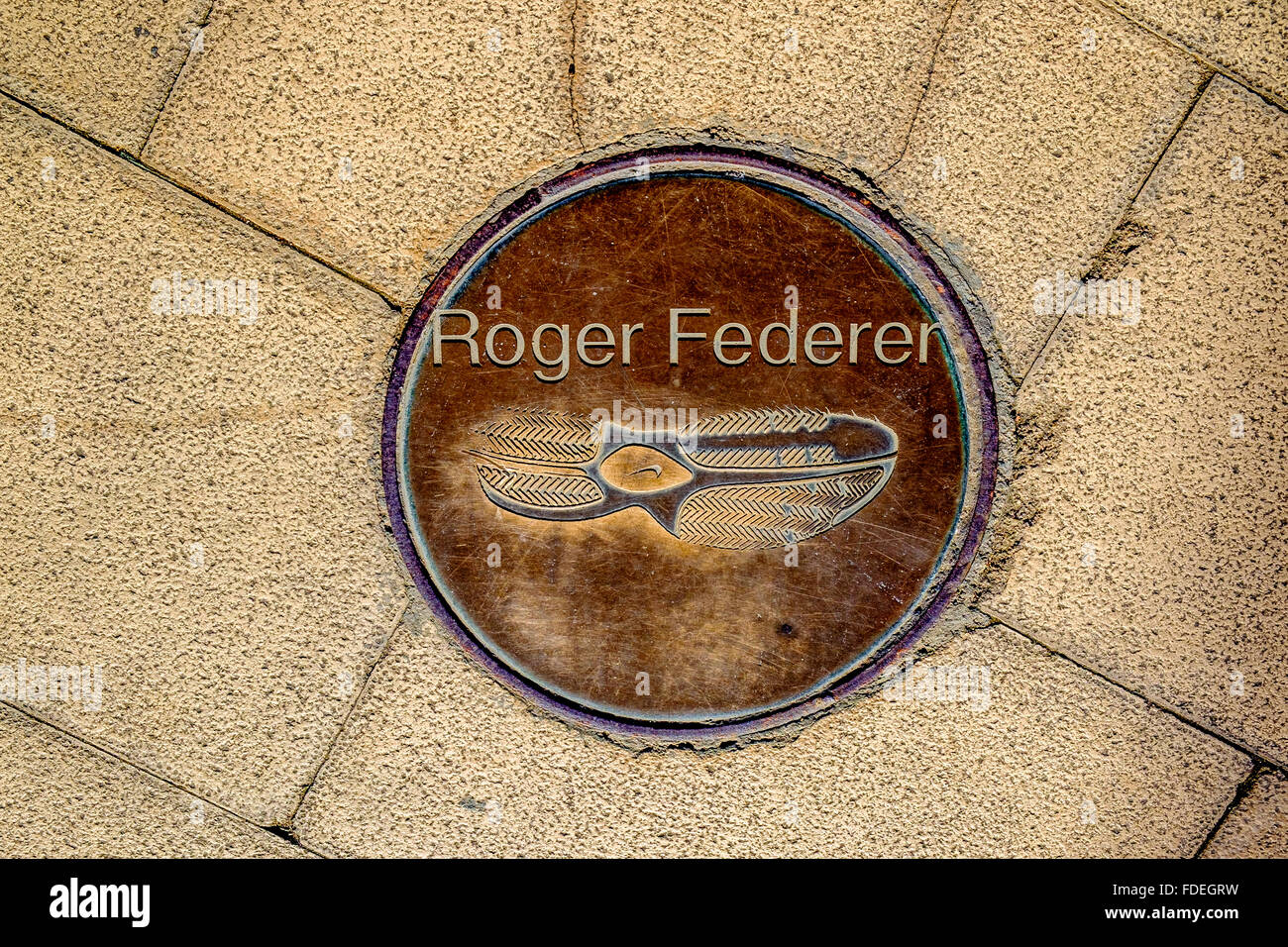 Roger Federer placca di impronta al parco olimpico Barcellona Foto Stock
