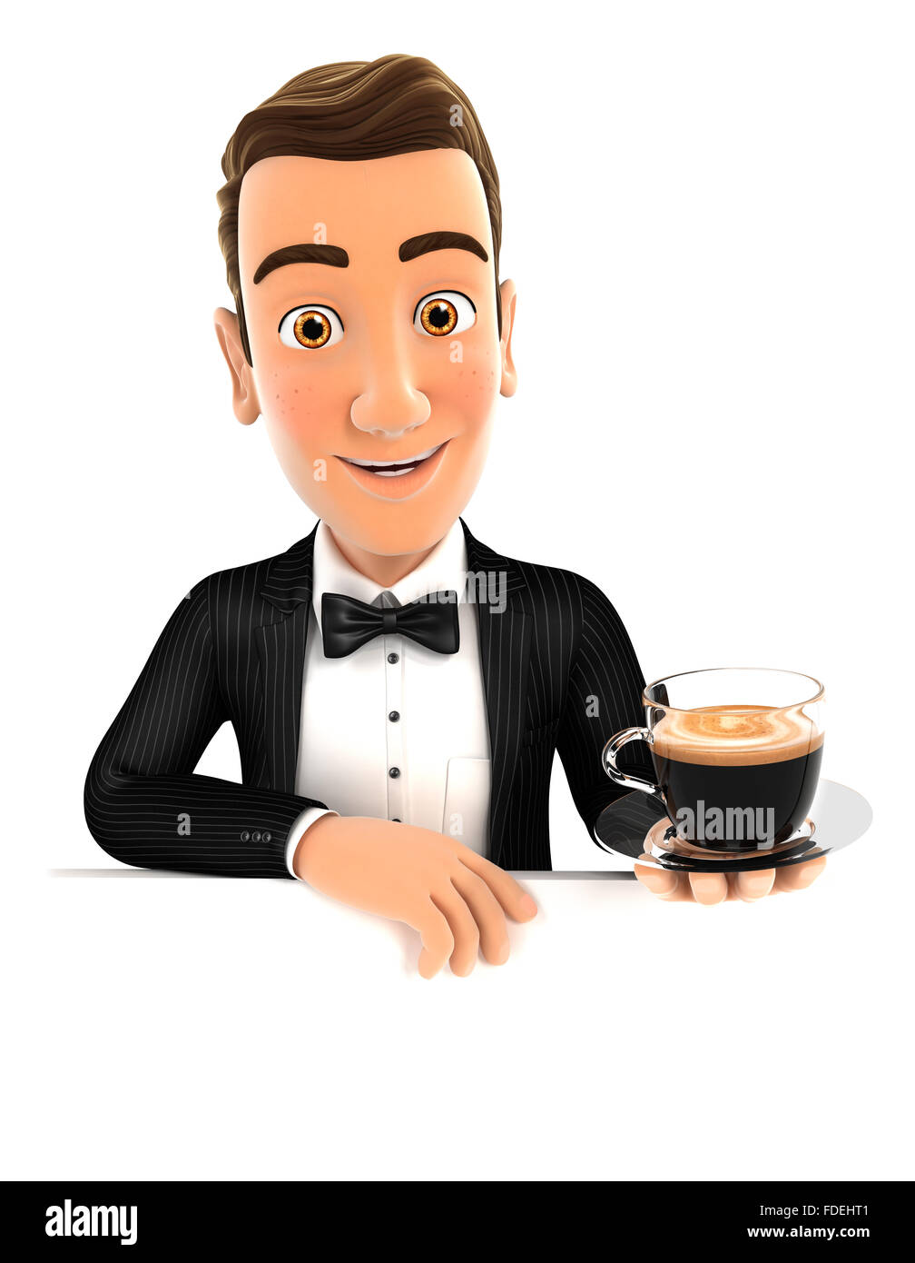 3d cameriere dietro la parete vuota e tenendo una tazza di caffè, isolato sfondo bianco Foto Stock