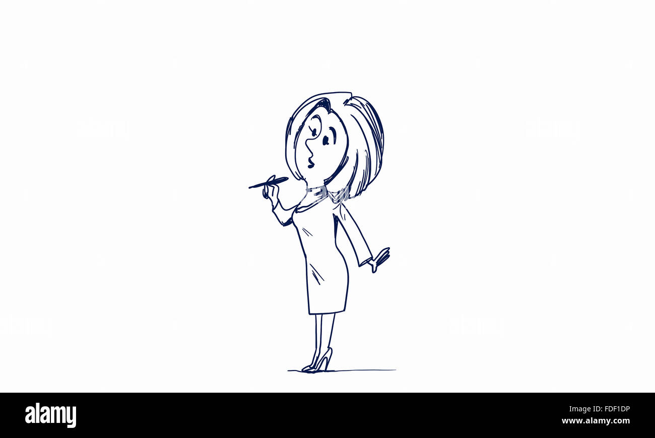 La caricatura di donna con la penna in mano su sfondo bianco Foto Stock