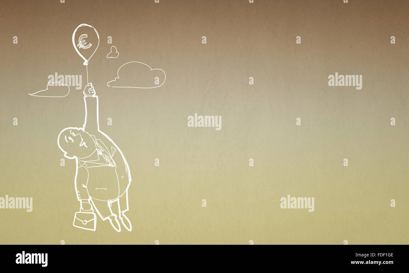 La caricatura di imprenditore battenti sul palloncino con simbolo dell'euro Foto Stock