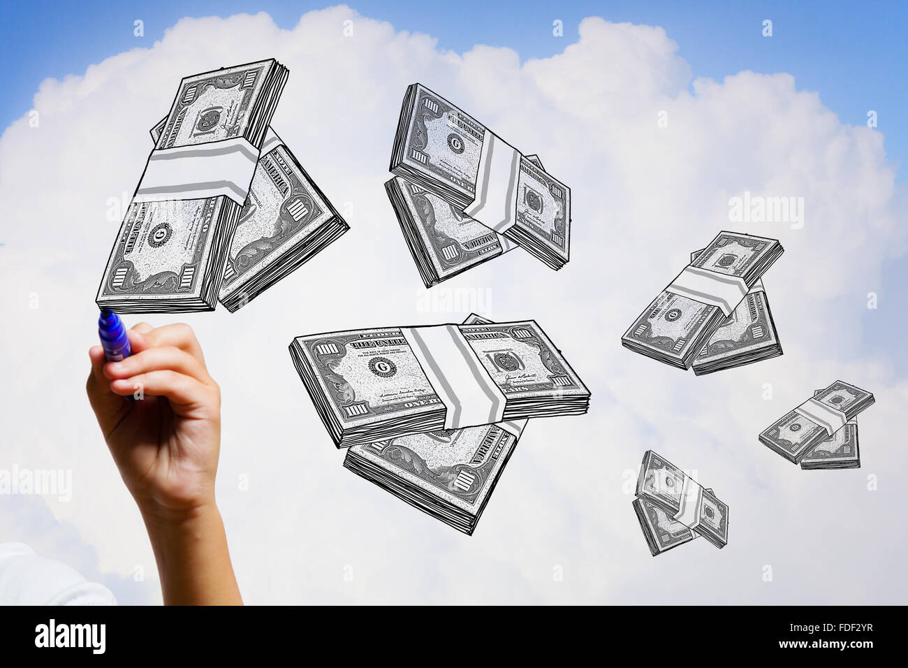 Mano drawning pacchi di banconote di dollari su sfondo bianco Foto Stock