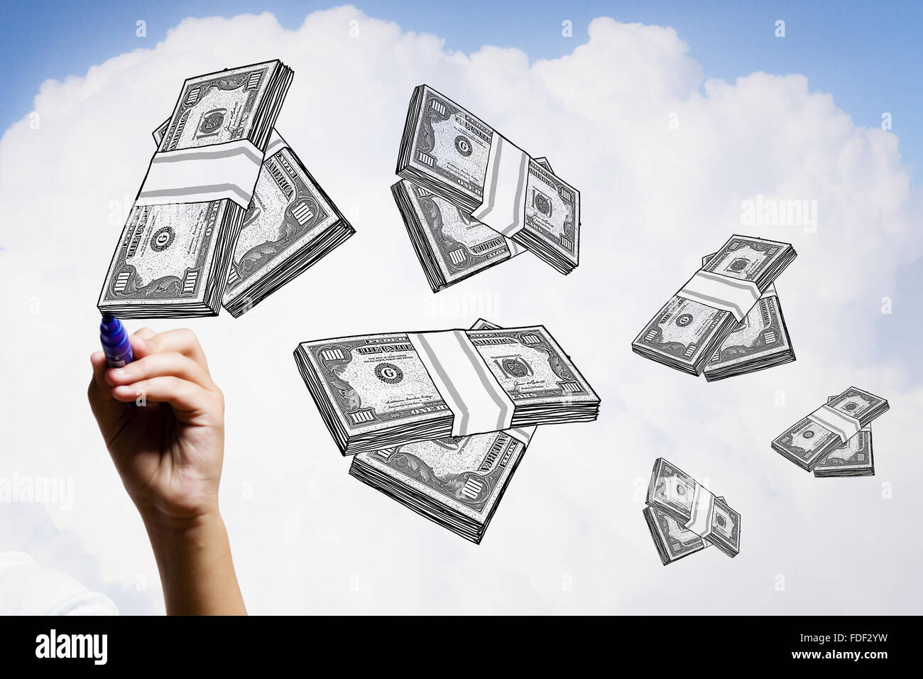 Mano drawning pacchi di banconote di dollari su sfondo bianco Foto Stock
