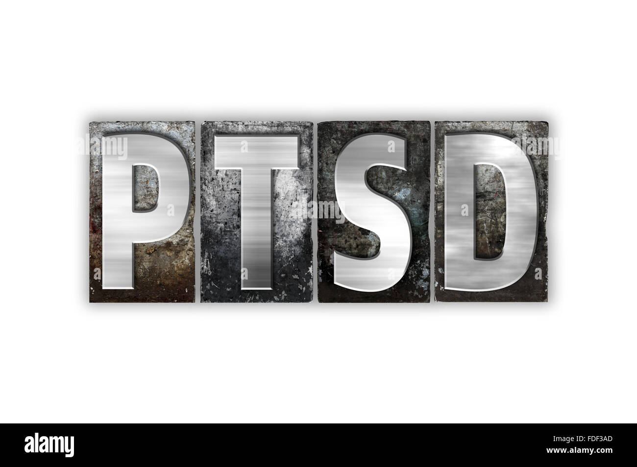 La parola "PTSD' scritto in metallo vintage rilievografia tipo isolato su uno sfondo bianco. Foto Stock