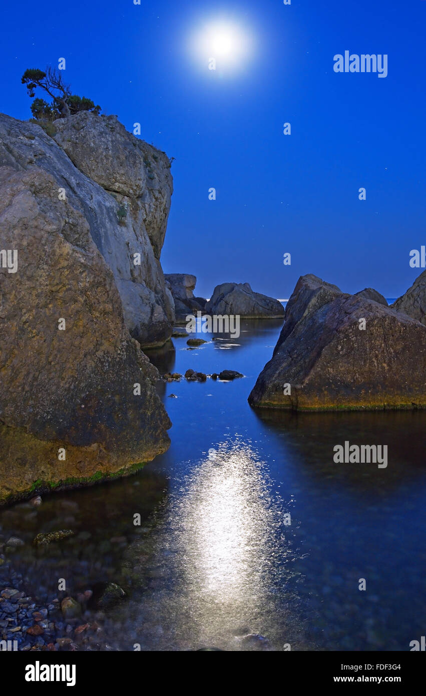 Notte di Luna. Costa del Mare contro il cielo di notte. Foto Stock