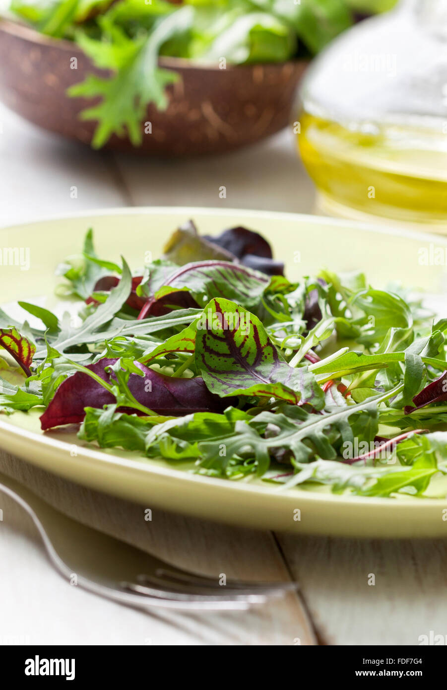 Miscela di foglie di insalata su una piastra, olio d'oliva su uno sfondo di legno Foto Stock