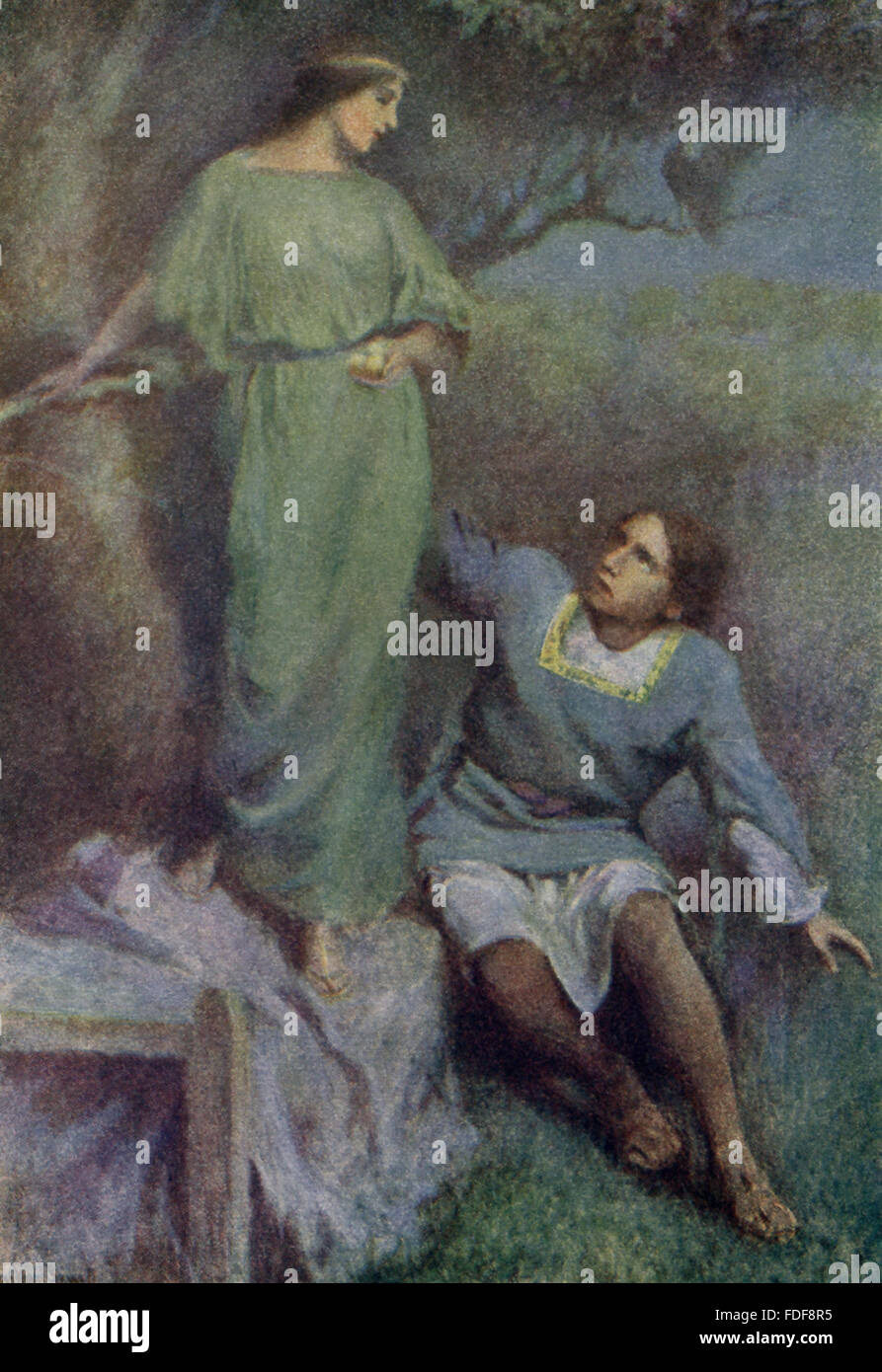 La didascalia per questa illustrazione si legge: Il pisello uando si trasforma in una fanciulla. Secondo la leggenda, un re aveva tre figli e un albero che ha prodotto la mela golden, ma un ladro ha rubato loro ogni notte. Due dei figli non è riuscito a catturare lui, un terzo è stato in grado di sconfiggere il ladro: nove peahens sarebbe venuto giù e otto pecked mele, ma nono si è trasformata in una bellissima principessa-come si vede qui. La principessa ha dato il terzo principe due mele d'oro per il re. L'illustrazione è da un 1921 prenota on il serbo miti e leggende. Foto Stock