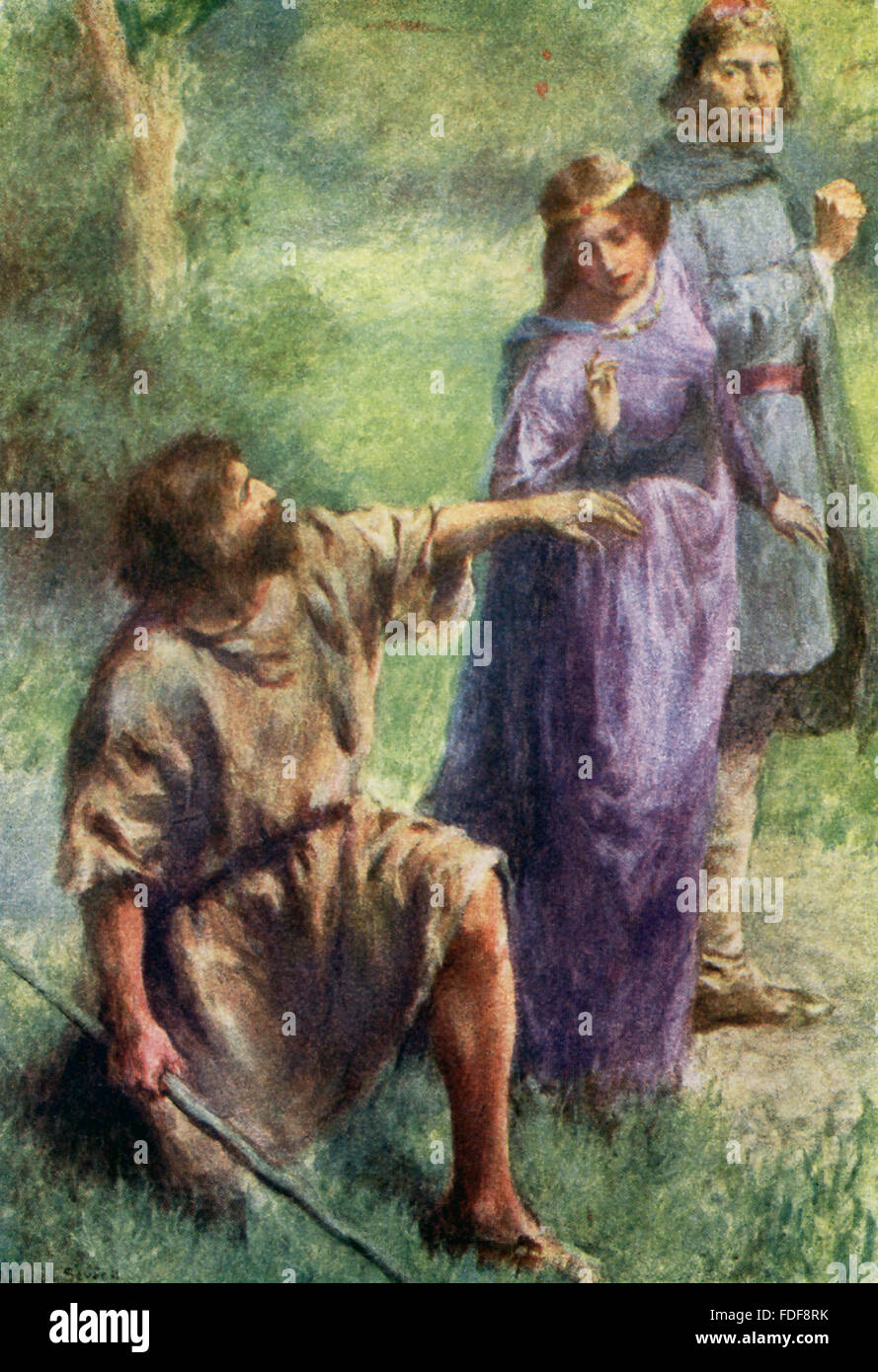 La didascalia recita: Pregare dammi la mano in modo che io possa vedere il vostro anello. Secondo il racconto: un uomo ricco ha inviato il suo figlio al commercio, tre volte. Il figlio usato il suo denaro per aiutare i meno fortunati, compreso un tsar della figlia. I due innamorati e sposati. Più tardi, padre del ministro lo gettarono in mare. Atterraggio su un arida isola, egli è aiutato nel ritorno per la metà di quello che egli avrebbe. Vedendo sua moglie, circa a sposare il ministro, egli mette la sua mano, con il suo anello di nozze (vedi qui). Il ragazzo dà all'uomo la metà. L'uomo dice che egli è un angelo, premiando lui per le sue opere buone e scompare. Foto Stock