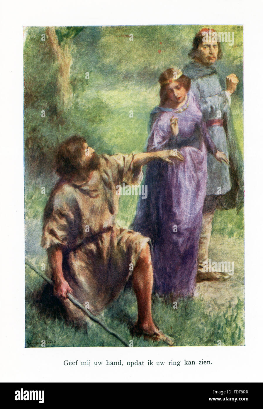 La didascalia recita: Pregare dammi la mano in modo che io possa vedere il vostro anello. Secondo il racconto: un uomo ricco ha inviato il suo figlio al commercio, tre volte. Il figlio usato il suo denaro per aiutare i meno fortunati, compreso un tsar della figlia. I due innamorati e sposati. Più tardi, padre del ministro lo gettarono in mare. Atterraggio su un arida isola, egli è aiutato nel ritorno per la metà di quello che egli avrebbe. Vedendo sua moglie, circa a sposare il ministro, egli mette la sua mano, con il suo anello di nozze (vedi qui). Il ragazzo dà all'uomo la metà. L'uomo dice che egli è un angelo, premiando lui per le sue opere buone e scompare. Foto Stock