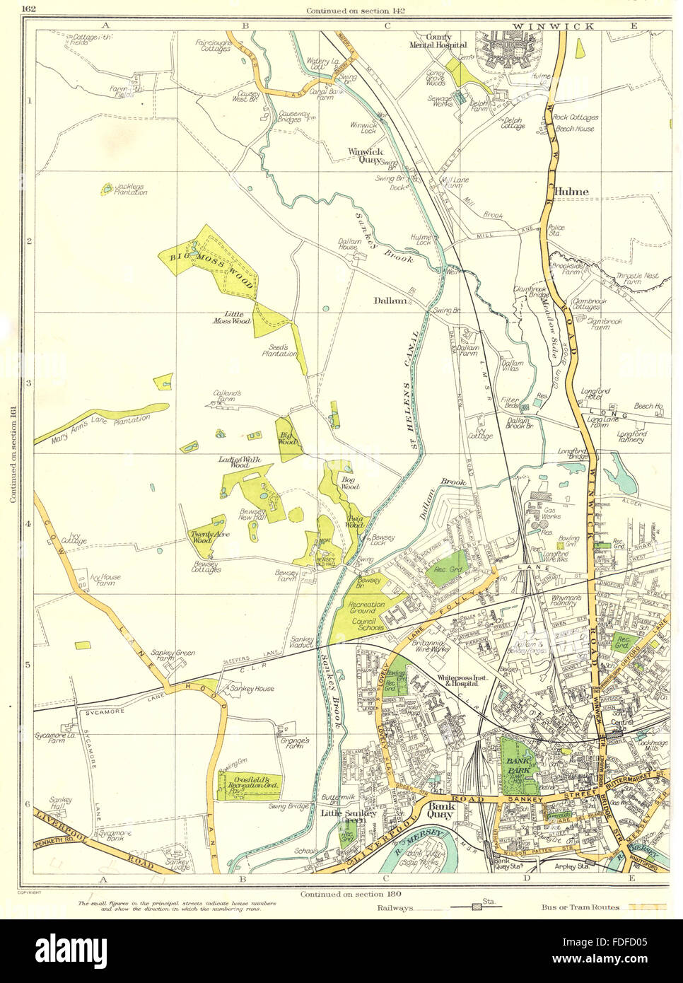 WARRINGTON Bank Quay Little Sankey Green Bank Park Hulme Winwick 1935 vecchia mappa Foto Stock