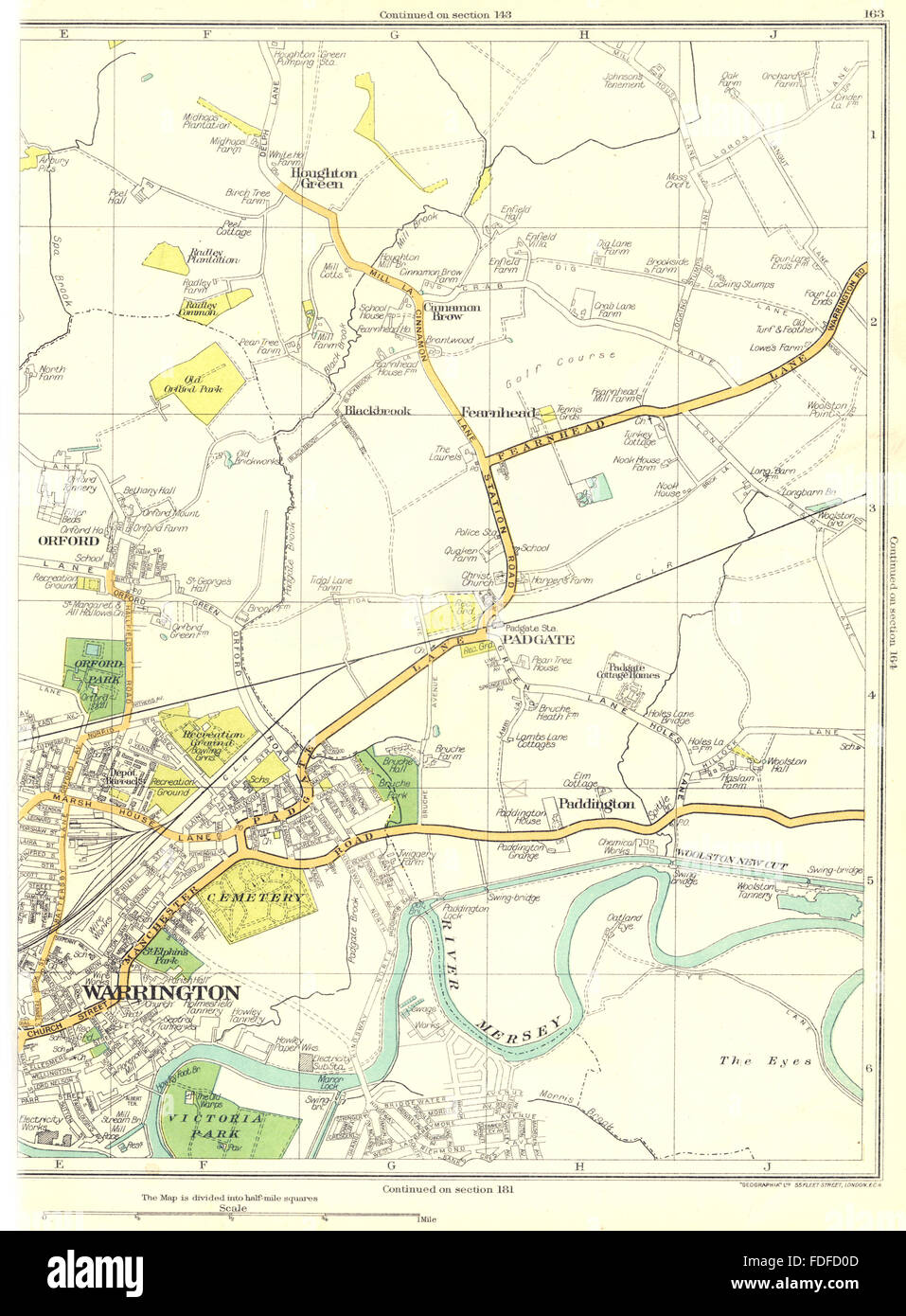 WARRINGTON:Orford,PADGATE,Paddington,Fearnhead,Houghton verde, 1935 mappa vecchia Foto Stock