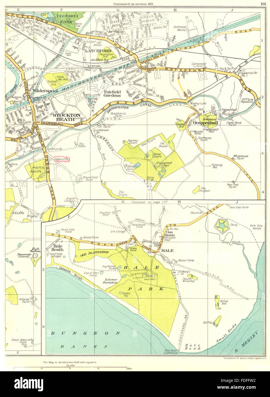 CHESHIRE:Warrington,Stockton Heath,Hale,Grappenhall,Latchford, 1935 mappa vecchia Foto Stock