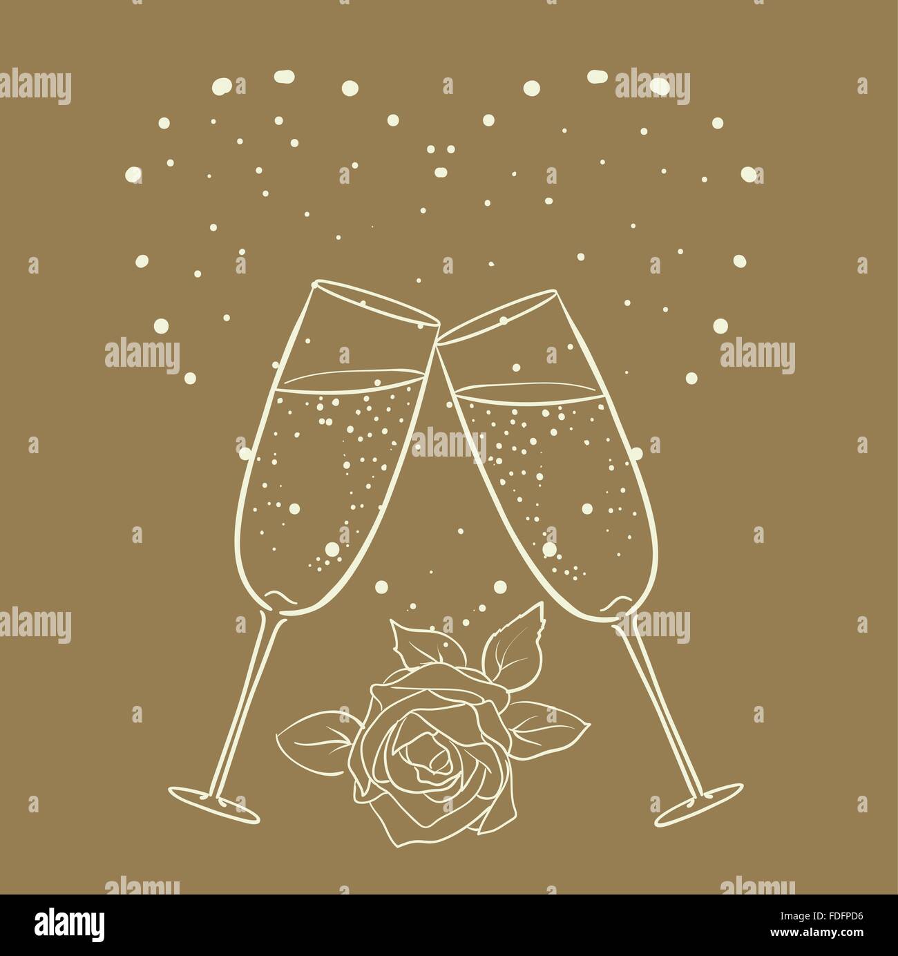 Champagne e rose con cuore line art disegno marrone sul vettore. Illustrazione Vettoriale