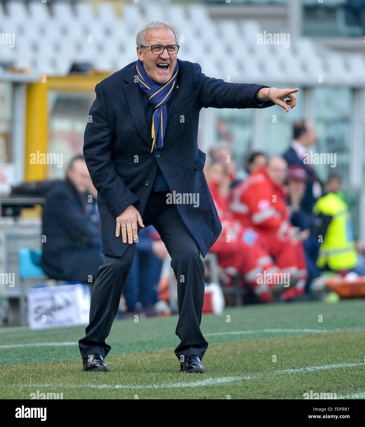 Torino, Italia. Il 31 gennaio, 2016. Luigi Delneri, head coach della Hellas Verona FC, gesti durante la serie di una partita di calcio tra Torino FC e Hellas Verona FC. Il risultato finale è 0-0. Credito: Nicolò Campo/Pacific Press/Alamy Live News Foto Stock