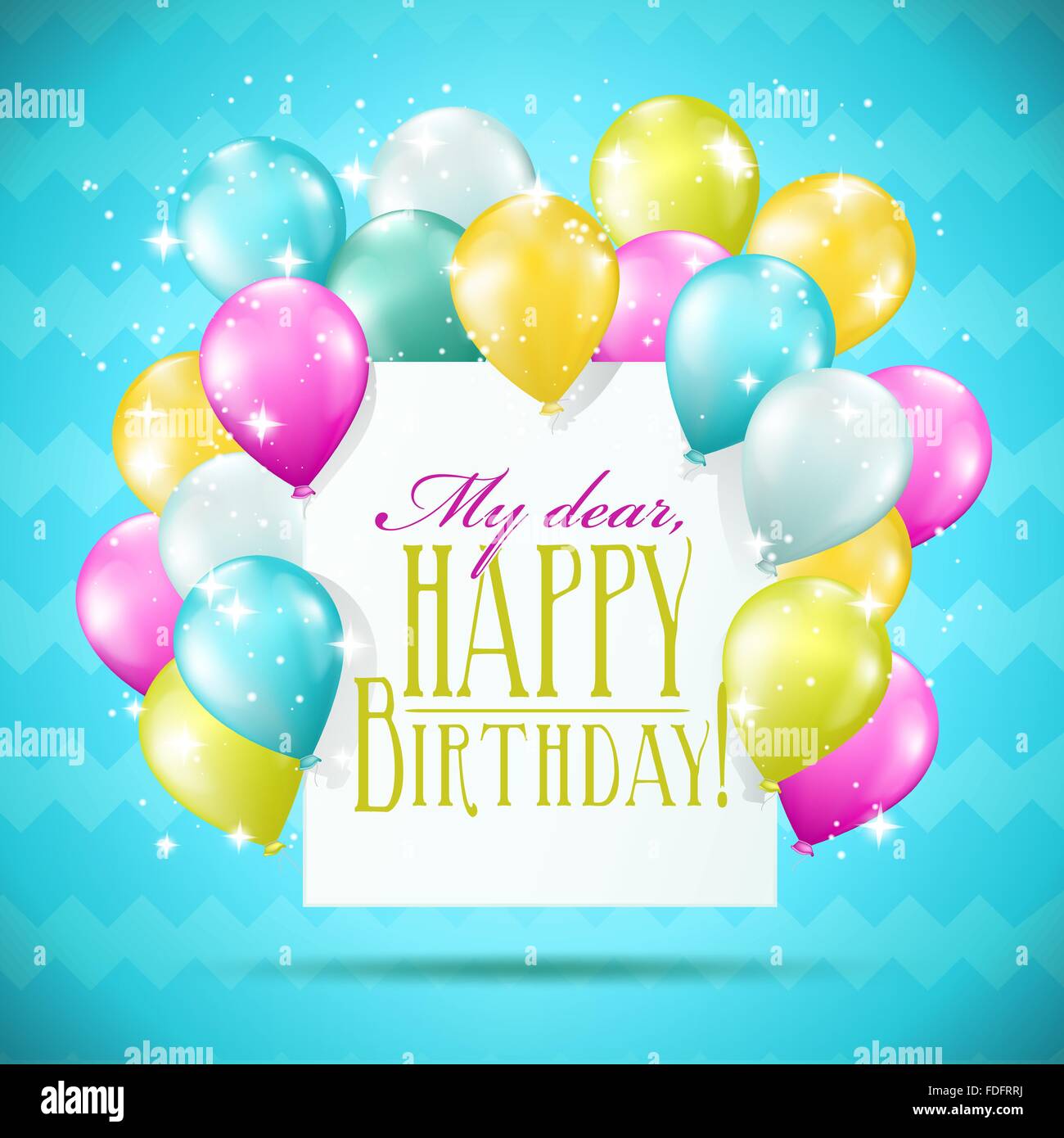 Buon compleanno card con palloncini e brilla su sfondo blu Illustrazione Vettoriale