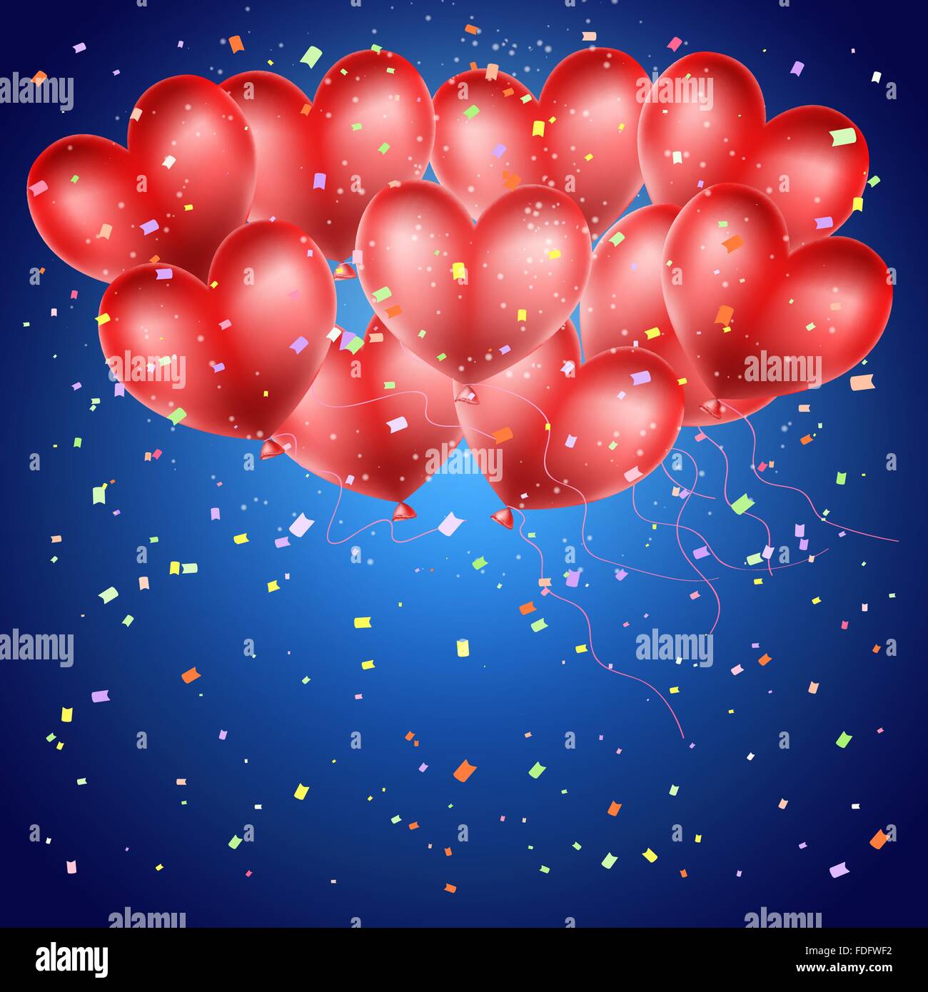 Cuore di palloncini e coriandoli a volare su sfondo blu. vettore Illustrazione Vettoriale