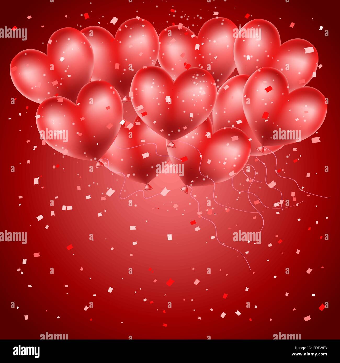 Cuore di palloncini battenti sul rosso sfondo coriandoli. Saluto sfondo con spazio per il testo Illustrazione Vettoriale