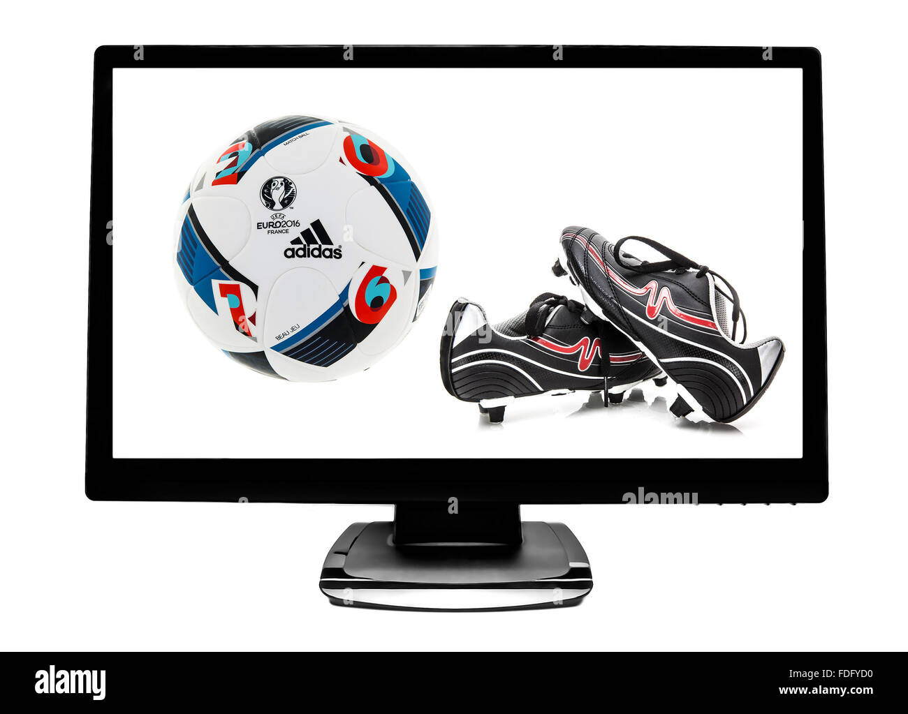 Tv a schermo piatto con Euro 2016 Beau Jeu Football e stivali Foto Stock
