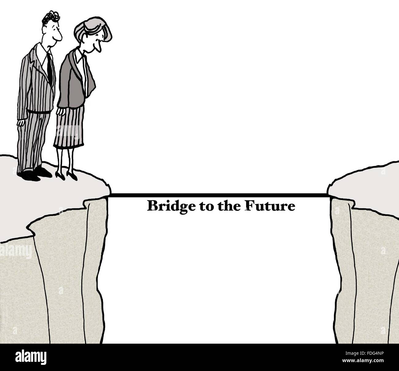 Business cartoon. Il imprenditori sono contemplando come per attraversare il ponte per il futuro. Foto Stock