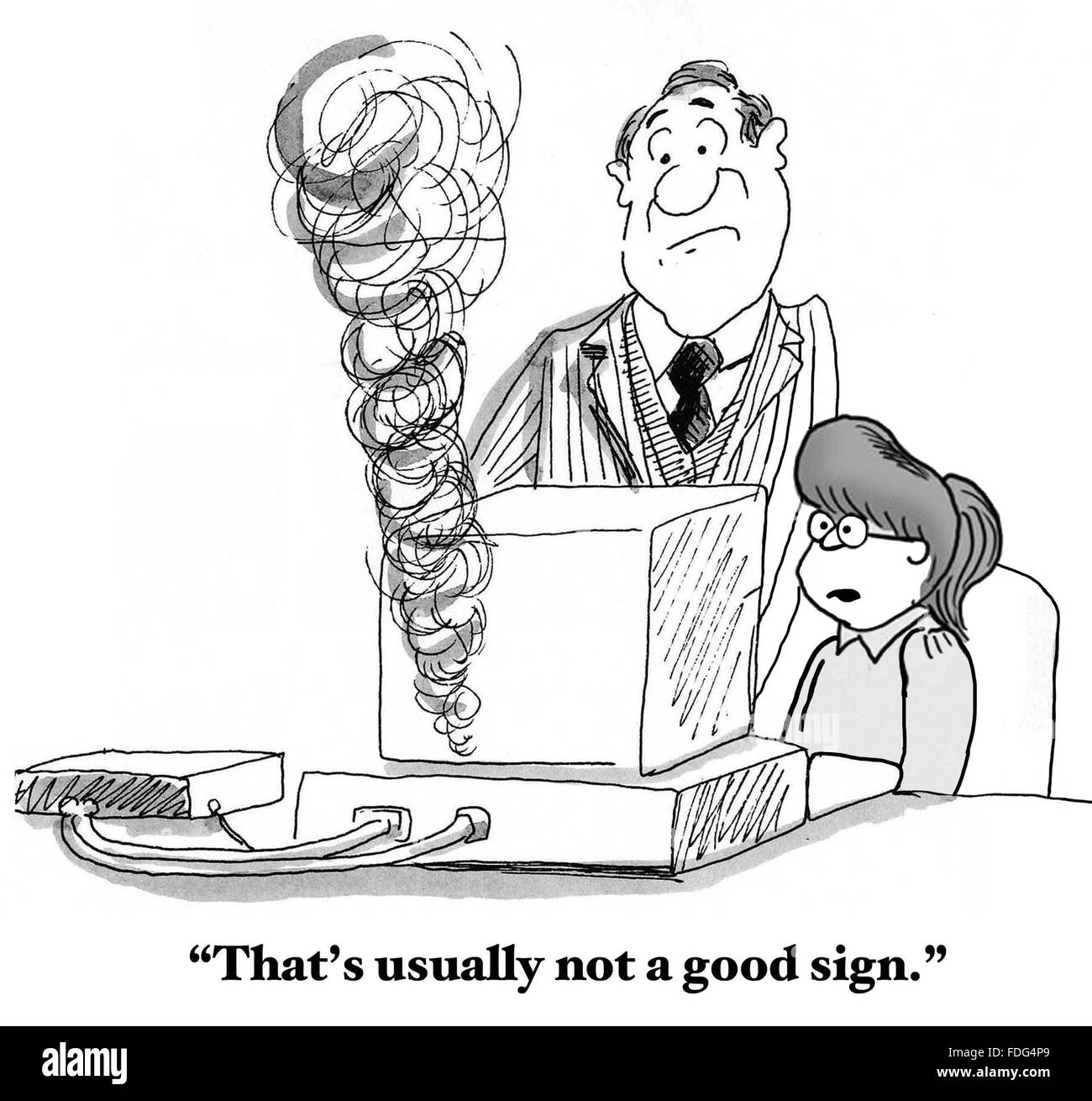 Istruzione cartoon. Il computer in classe presenta fumo non, non è un buon segno. Foto Stock