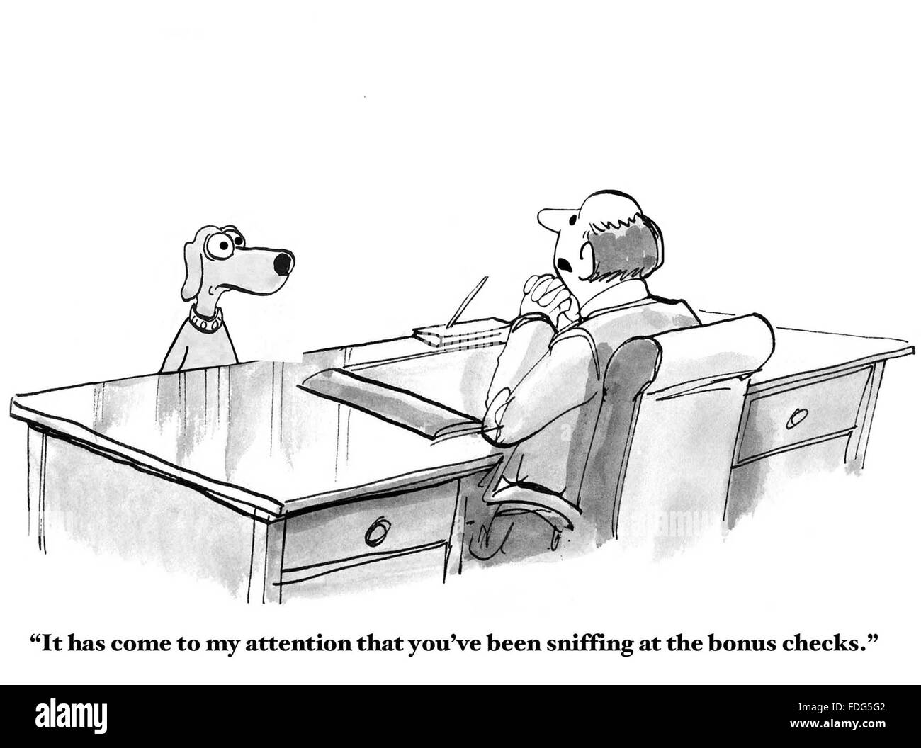 Business cartoon su manager cane chi è lo sniffing intorno al bonus controlli. Foto Stock