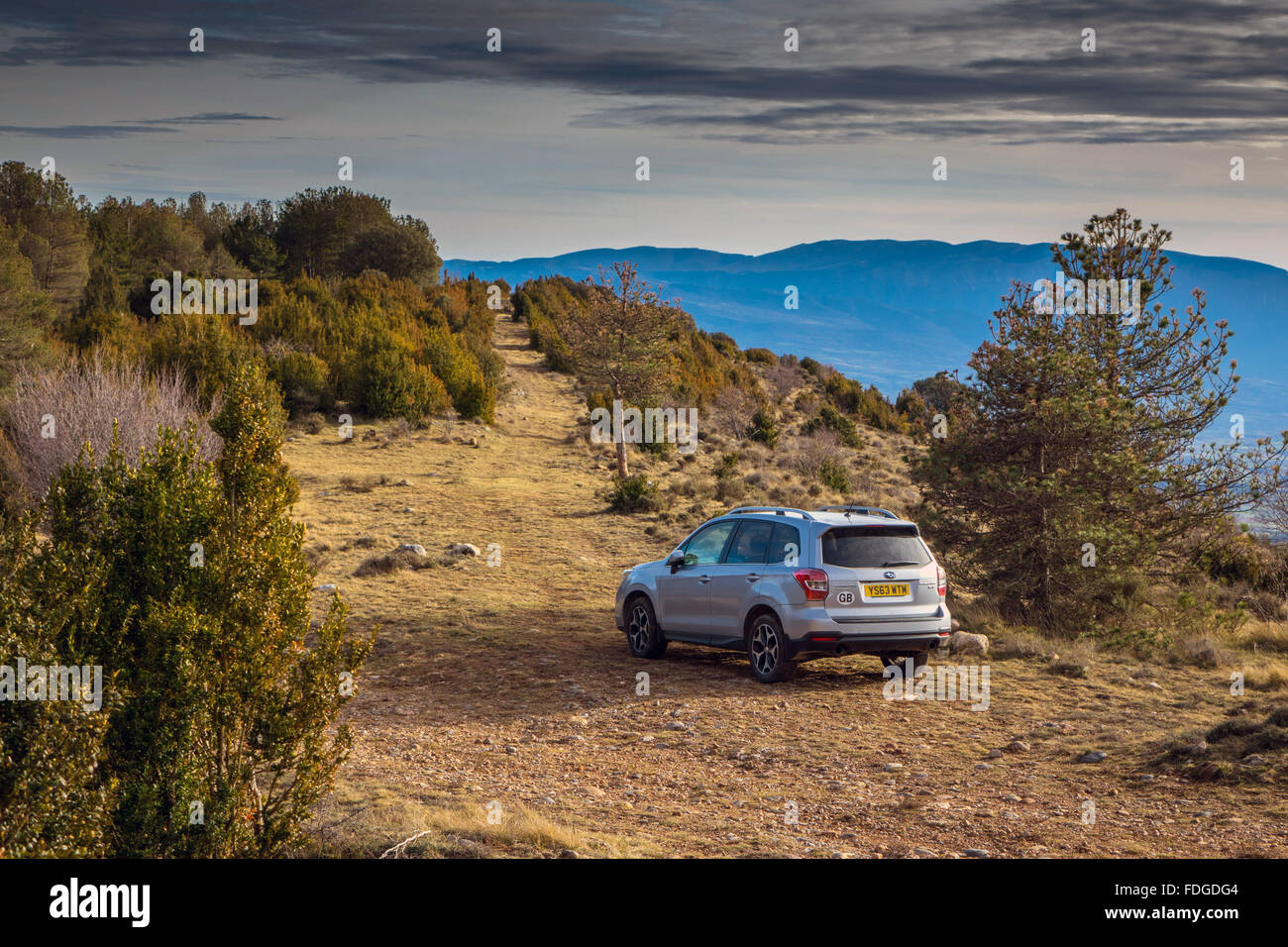 Subaru Forester 4x4 la trazione a quattro ruote motrici in montagna in campagna Foto Stock
