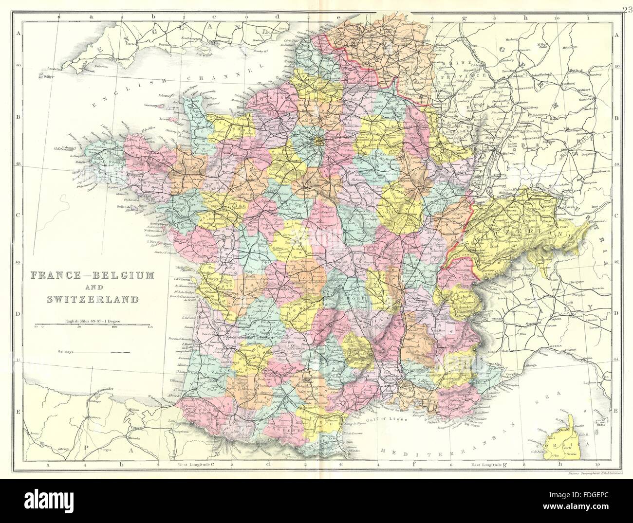 Francia Belgio svizzera: Francia senza Alsace Lorraine. Bacon, 1895 Mappa  Foto stock - Alamy