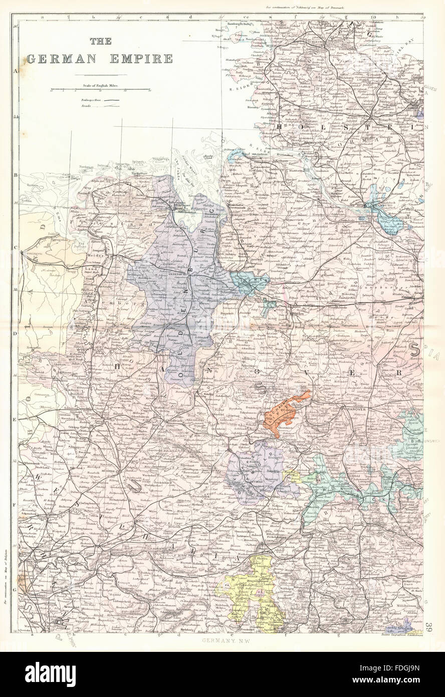 Germania: l'impero tedesco NW. Hannover Westfalia Oldenburg Holstein.Bacon, 1895 Mappa Foto Stock