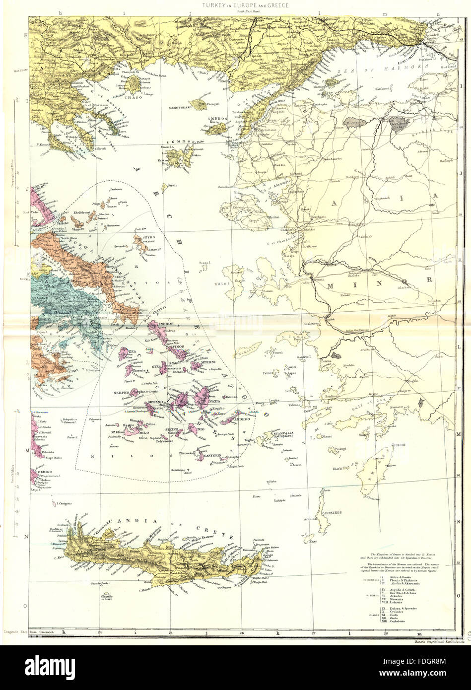 Mar Egeo: Grecia CICLADI Candia Creta Sporadi Dodecaneso. Bacon, 1895 mappa vecchia Foto Stock