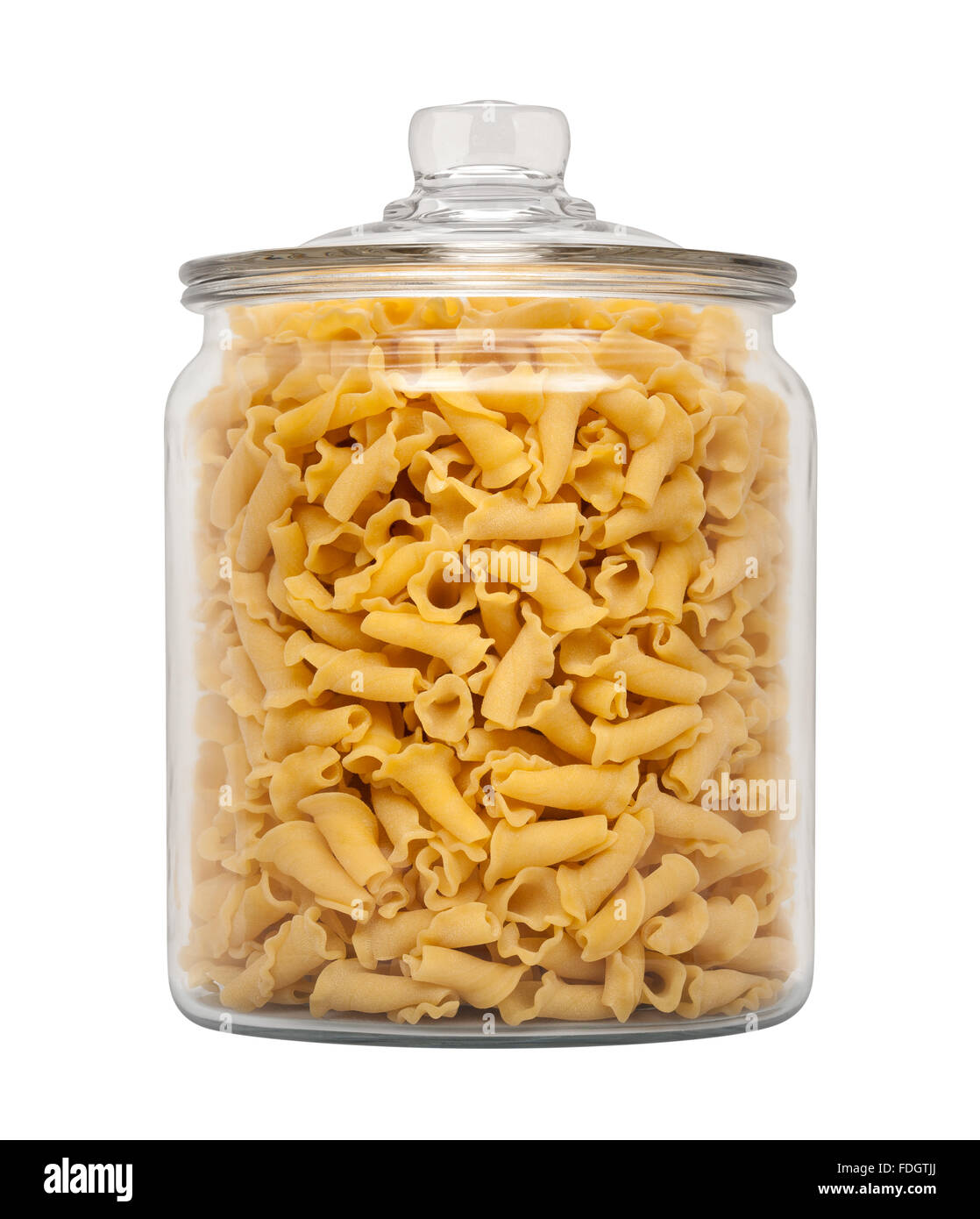 Campanelle Pasta in un bicchiere speziale Jar. L'immagine è tagliata, isolato su uno sfondo bianco. Foto Stock