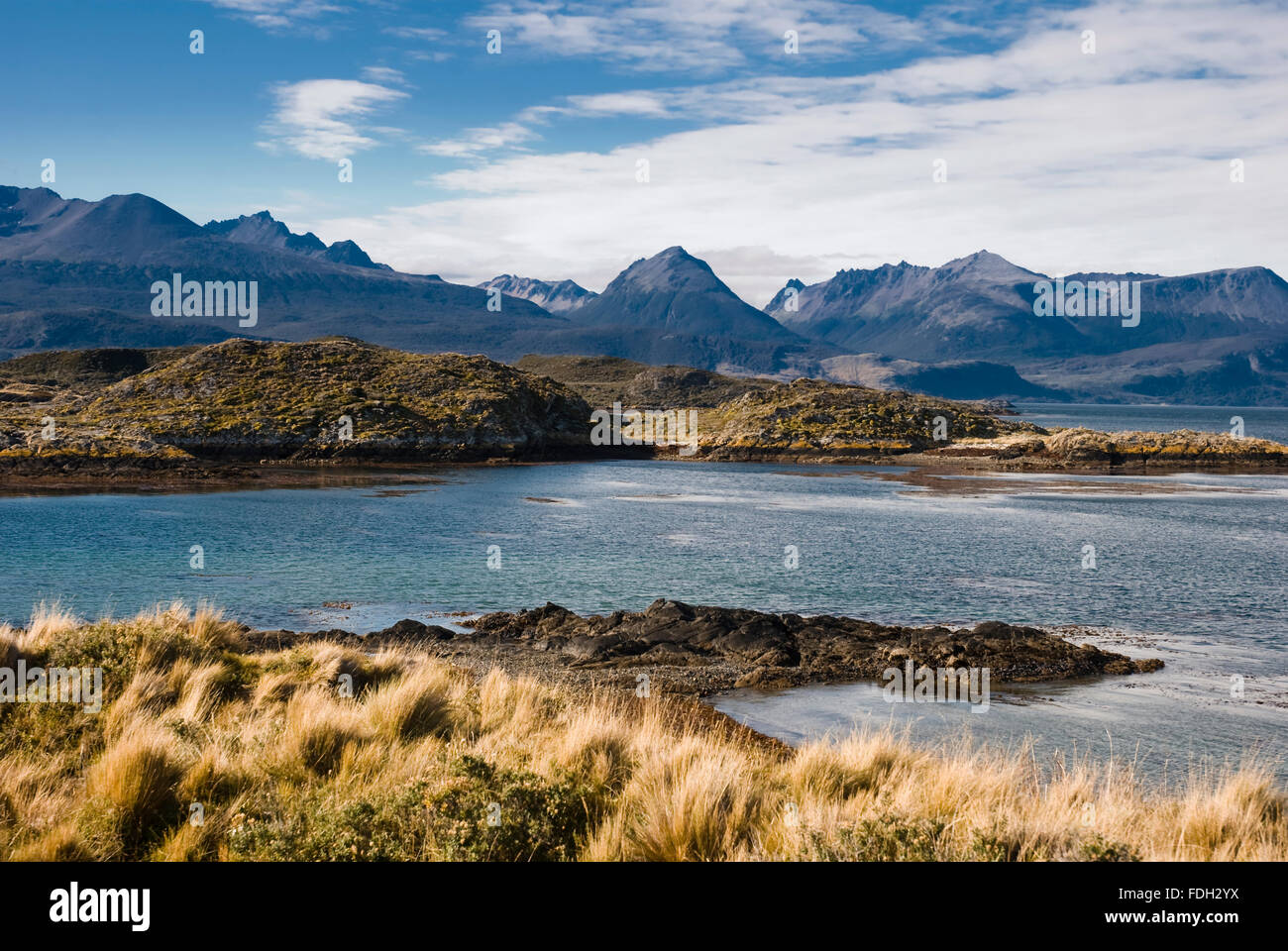 Ponti isola nel Canale del Beagle, Ushuaia, Tierra del Fuego, Patagonia, Argentina, Sud America Foto Stock