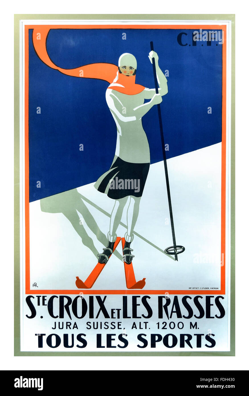 1930 Vintage ski-ing poster Ste.Croix et Les Rasses Suisse viaggi in treno poster CFF Jura svizzera Foto Stock