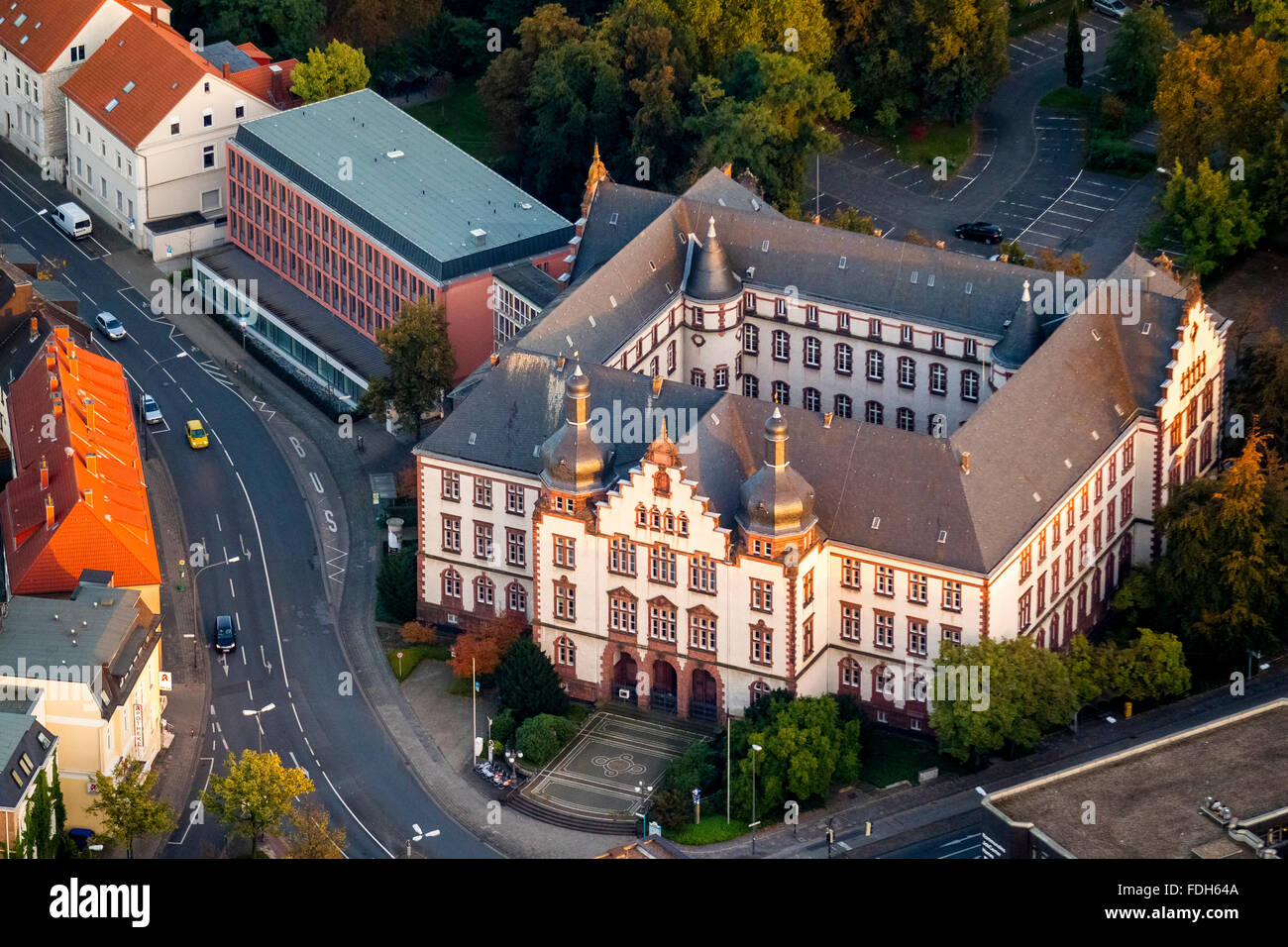 Vista aerea, Municipio di Hamm in serata sun, Ufficio di Buerger, Hamm, la zona della Ruhr, Renania settentrionale-Vestfalia, Germania, Europa, antenna Foto Stock