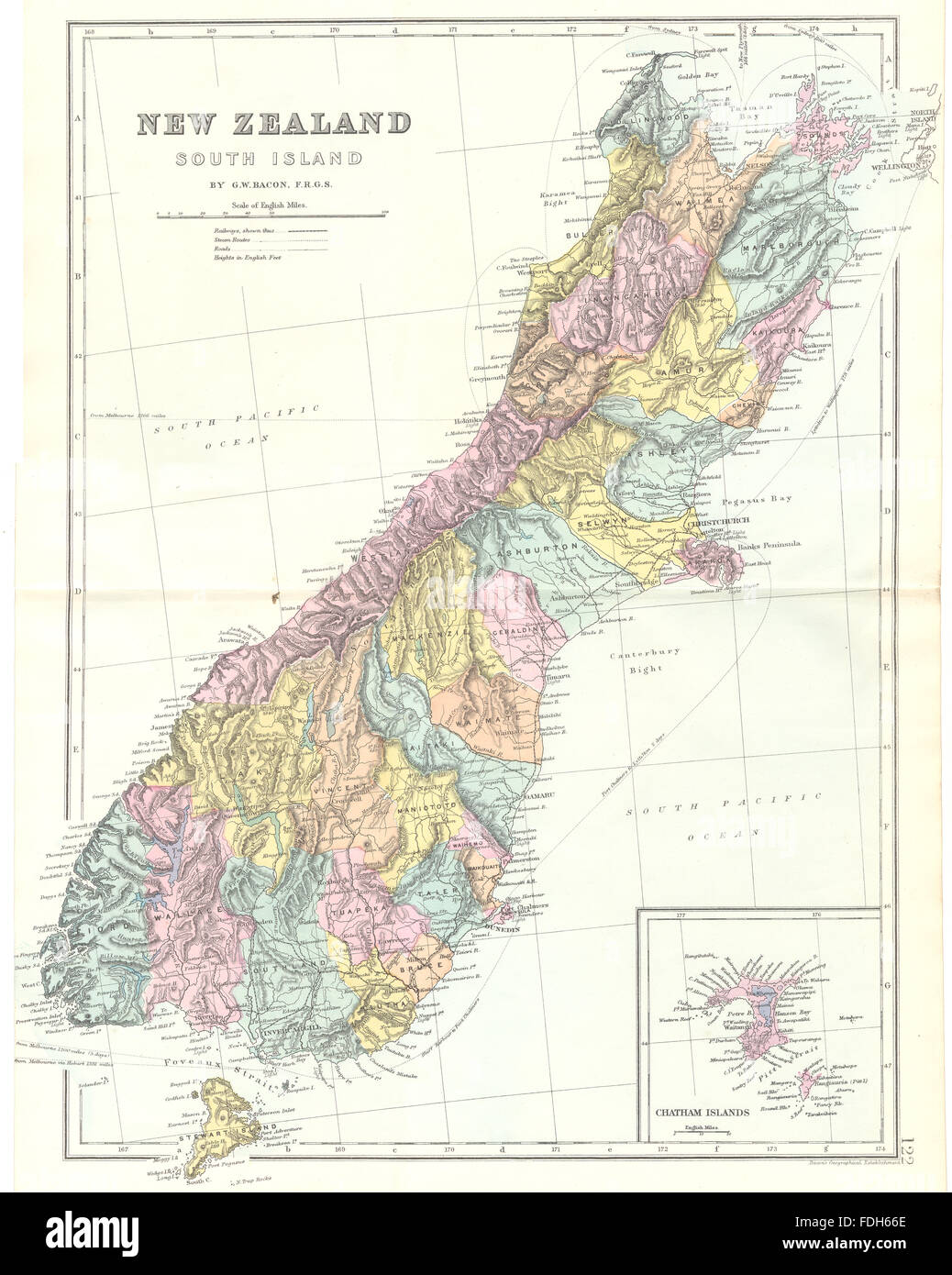 Nuova Zelanda: Nuova Zelanda Isola del Sud; Riquadro Mappa di Isole Chatham. Bacon 1895 Foto Stock