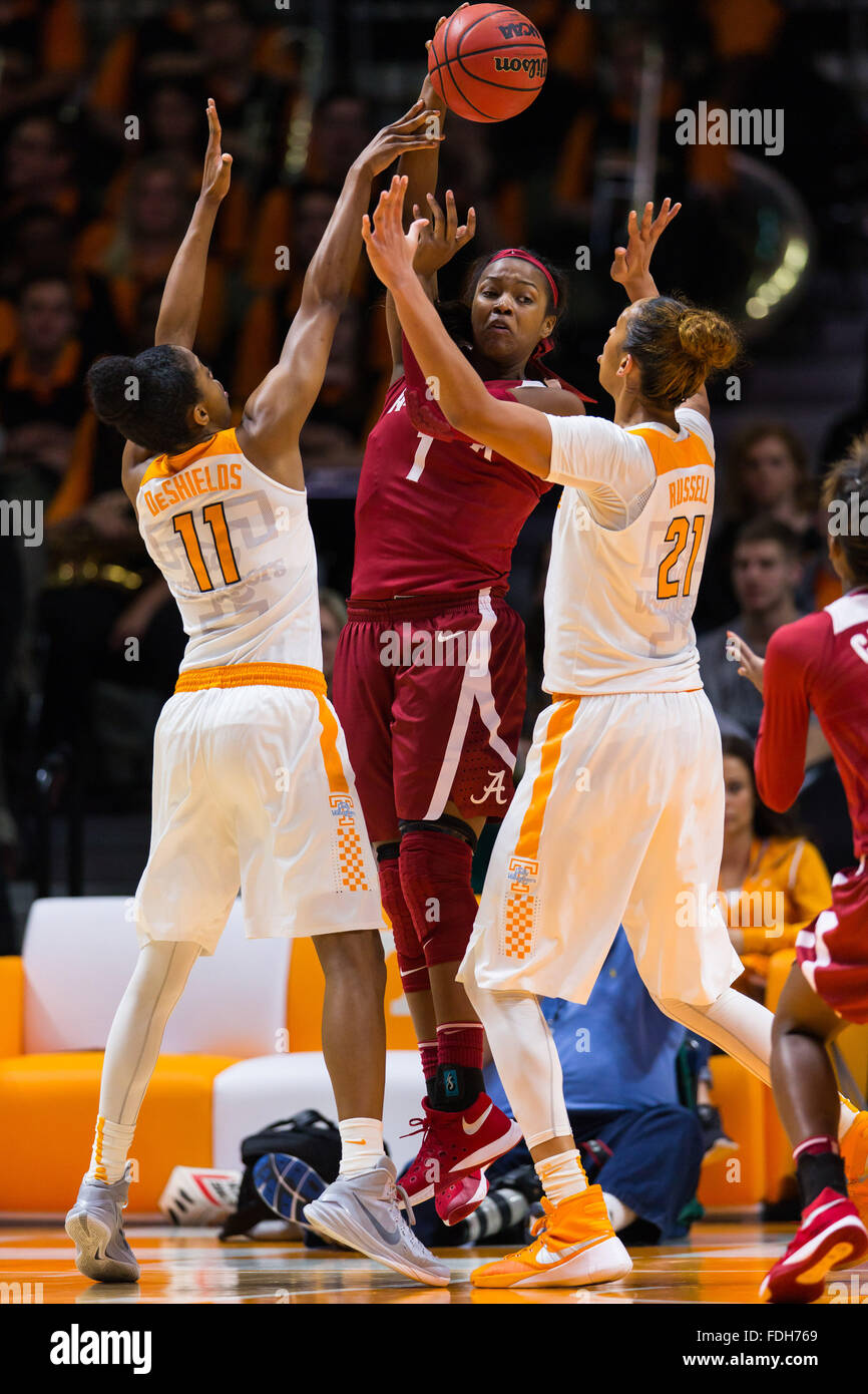 31 gennaio 2016: Quanetria Bolton #1 dell'Alabama Crimson Tide tenta di passare la palla da Diamond DeShields #11 e Mercedes Russell #21 del Tennessee Lady volontari durante il NCAA pallacanestro tra la University of Tennessee Lady volontari e la University of Alabama Crimson Tide a Thompson Boling Arena a Knoxville TN Tim Gangloff/CSM Foto Stock