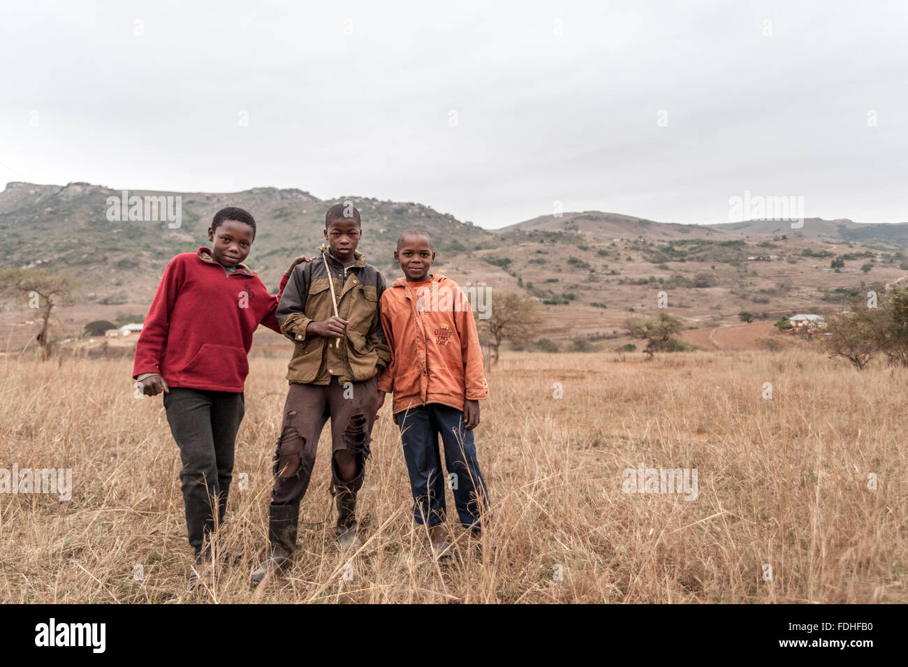 Tre giovani ragazzi in piedi in un campo nella regione di Hhohho dello Swaziland, Africa. Foto Stock