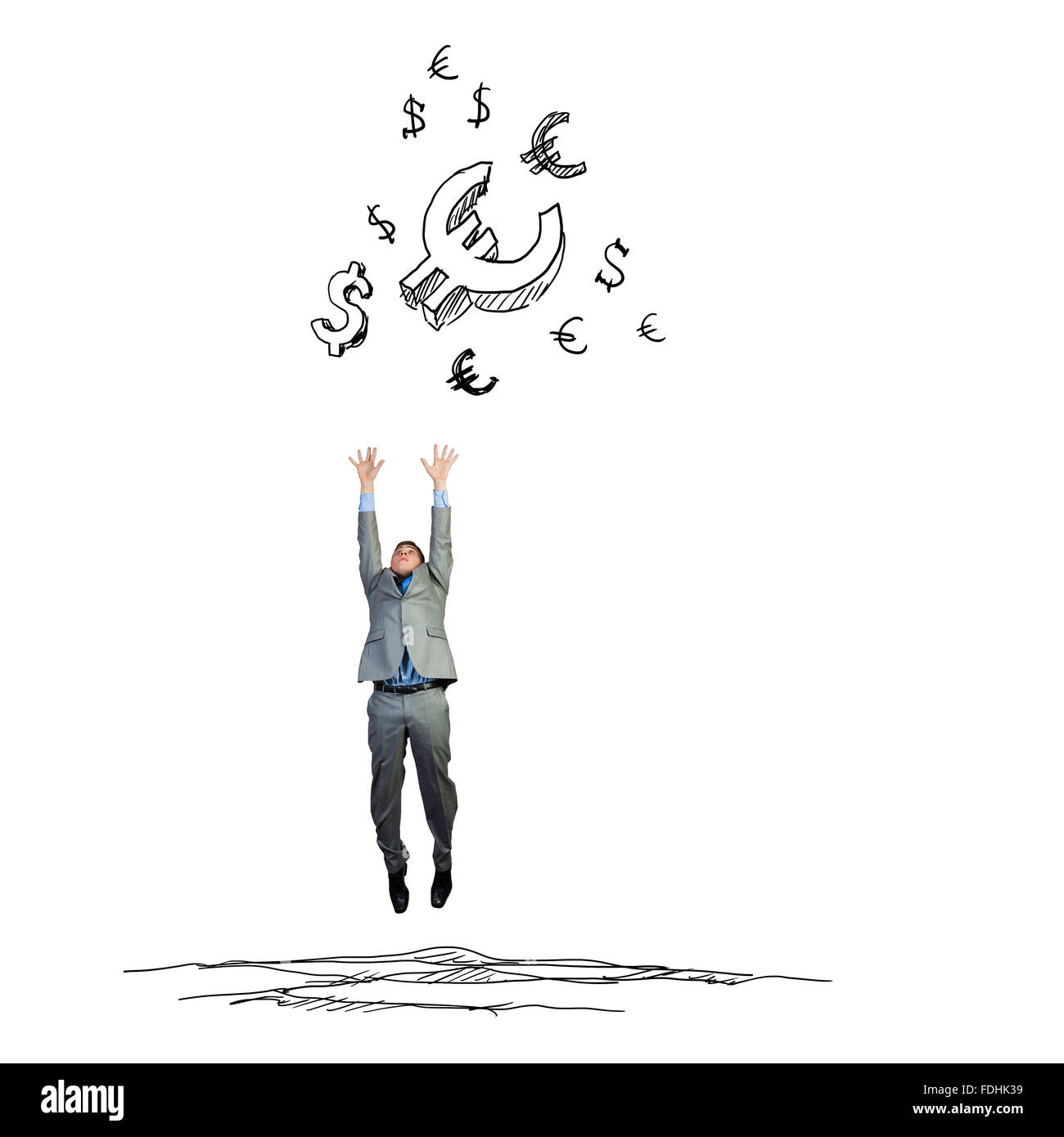 Giovane imprenditore jumping per catturare il simbolo dell'euro. Concetto di valuta Foto Stock