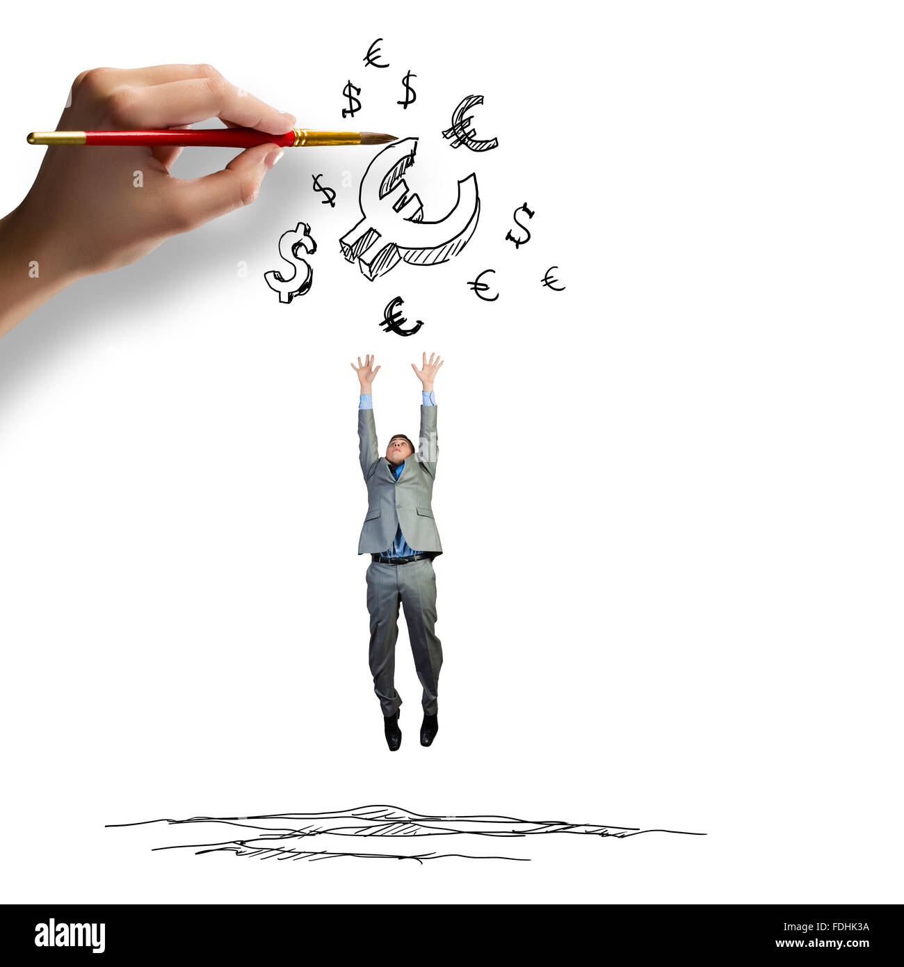 Giovane imprenditore jumping per catturare il simbolo dell'euro. Concetto di valuta Foto Stock