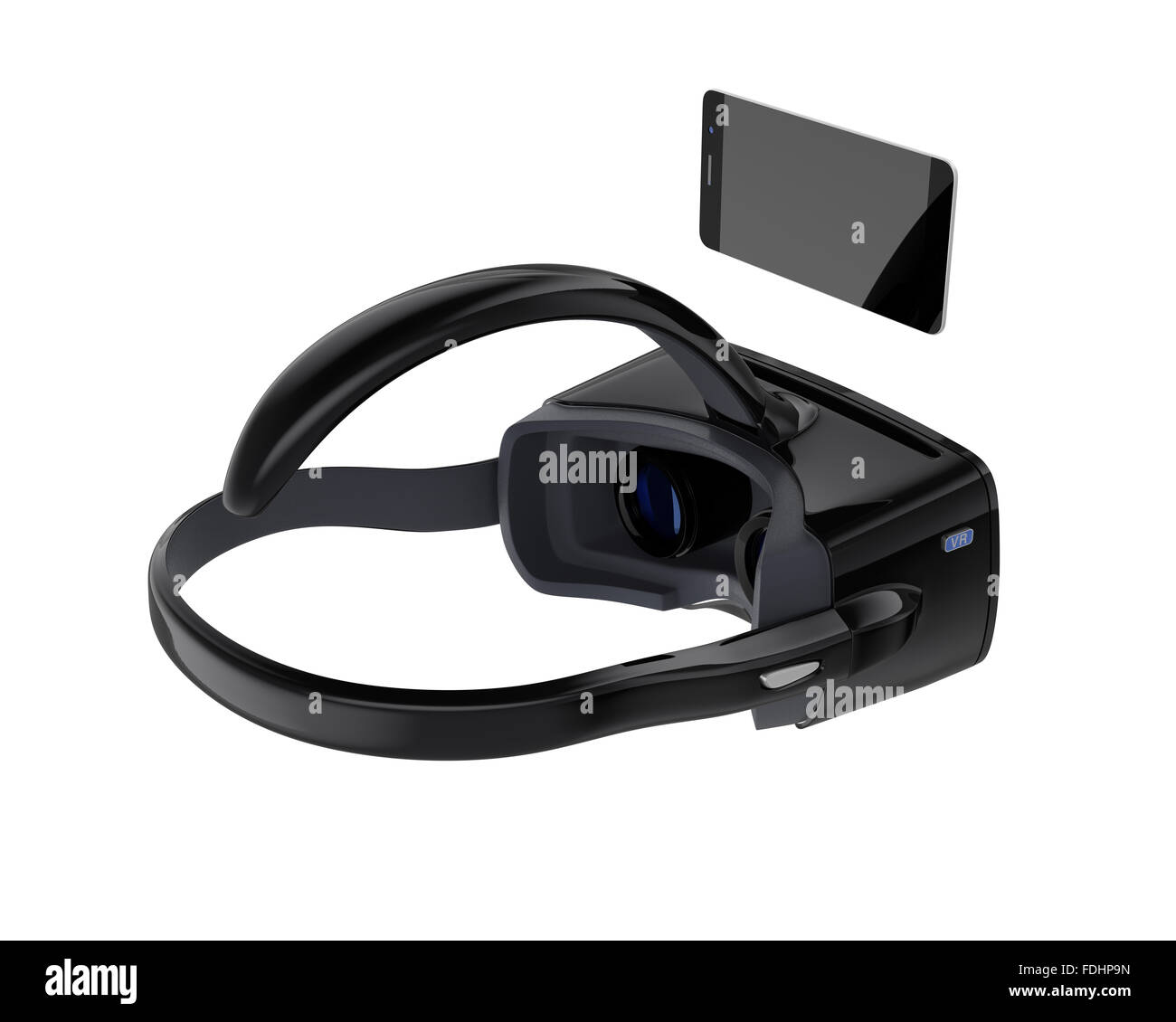 Inserire lo smartphone in un black VR auricolare. Tracciato di ritaglio disponibili. Foto Stock