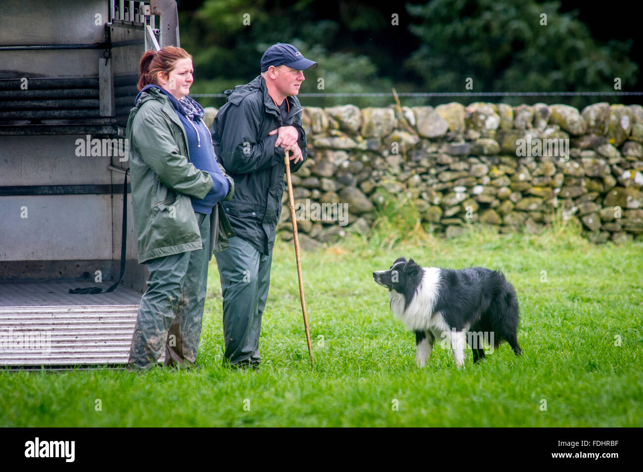 Border Collie e il suo Pastore presso l'International Sheep Dog prove a Moffat, Scotland, Regno Unito. Foto Stock