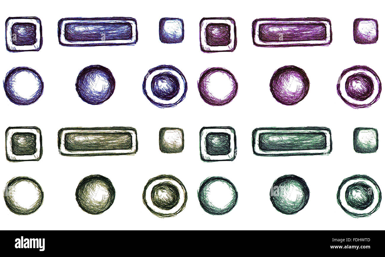 Disegnate a mano i proiettili e i pulsanti (isolato su sfondo bianco) Foto Stock