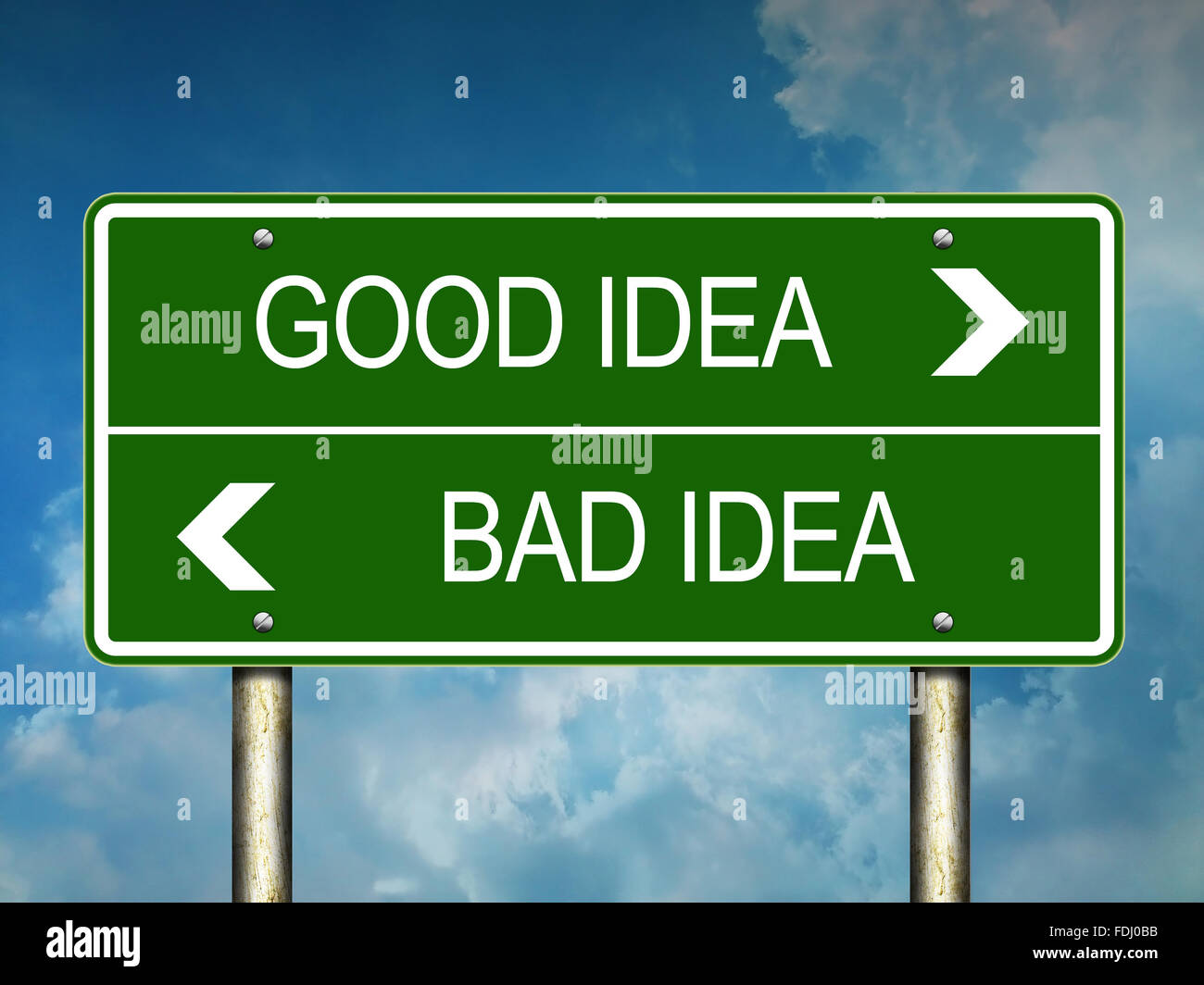 Buona idea pessima idea cartello stradale Foto Stock