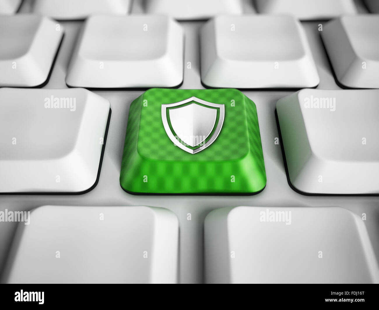 Calcolatore verde chiave con icona dello scudo sulla tastiera bianca Foto Stock