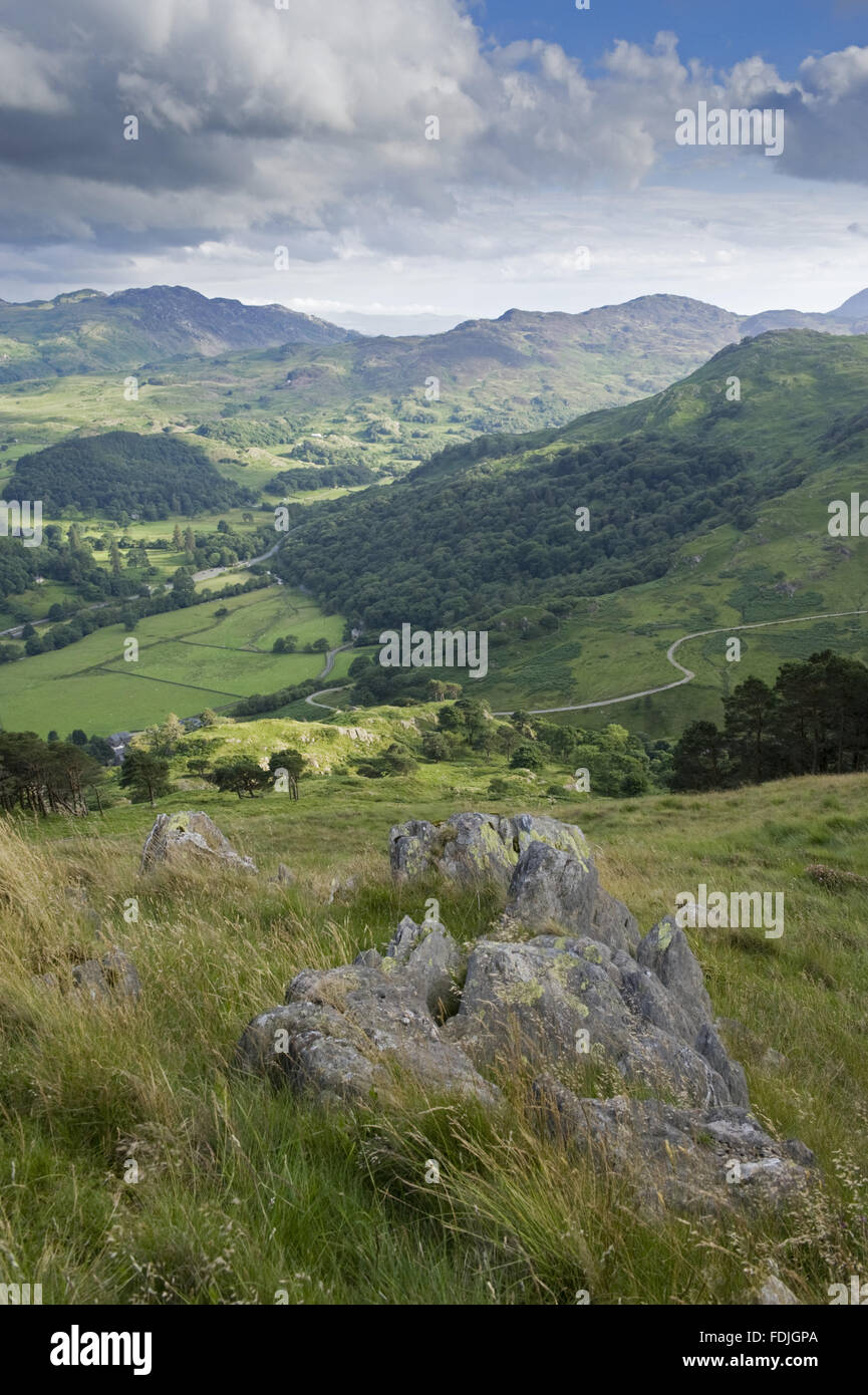 Vista in lontananza il percorso Watkin, uno dei sei principali rotte per il vertice di Snowdon nel Nantgwynant Vallery con Gelli Iago in background, su Hafod Y Llan farm, Snowdonia, Galles. Foto Stock