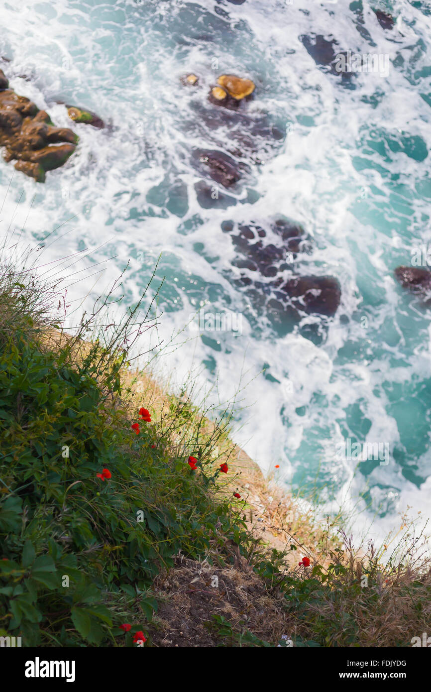 Onde che si infrangono contro le rocce lungo la costa di Sozopol, Bulgaria Foto Stock