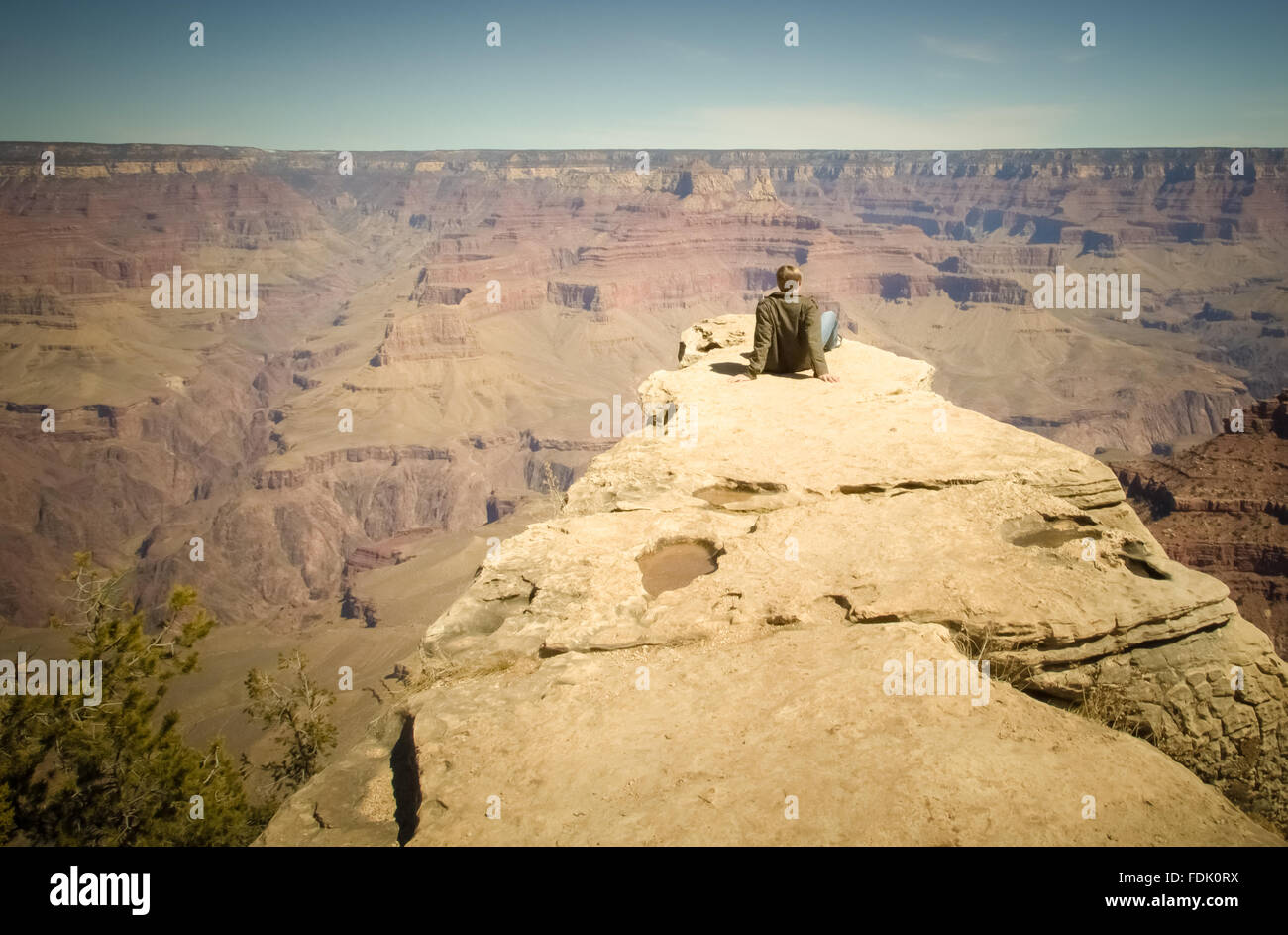 Vista posteriore di un giovane uomo seduto sulla mensola e Grand Canyon, Arizona, america, STATI UNITI D'AMERICA Foto Stock
