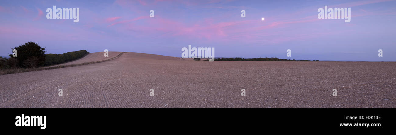 Vista panoramica della luna al crepuscolo in ottobre, guardando ad est sulla collina Bignor sul Slindon station wagon, South Downs, West Sussex. Foto Stock