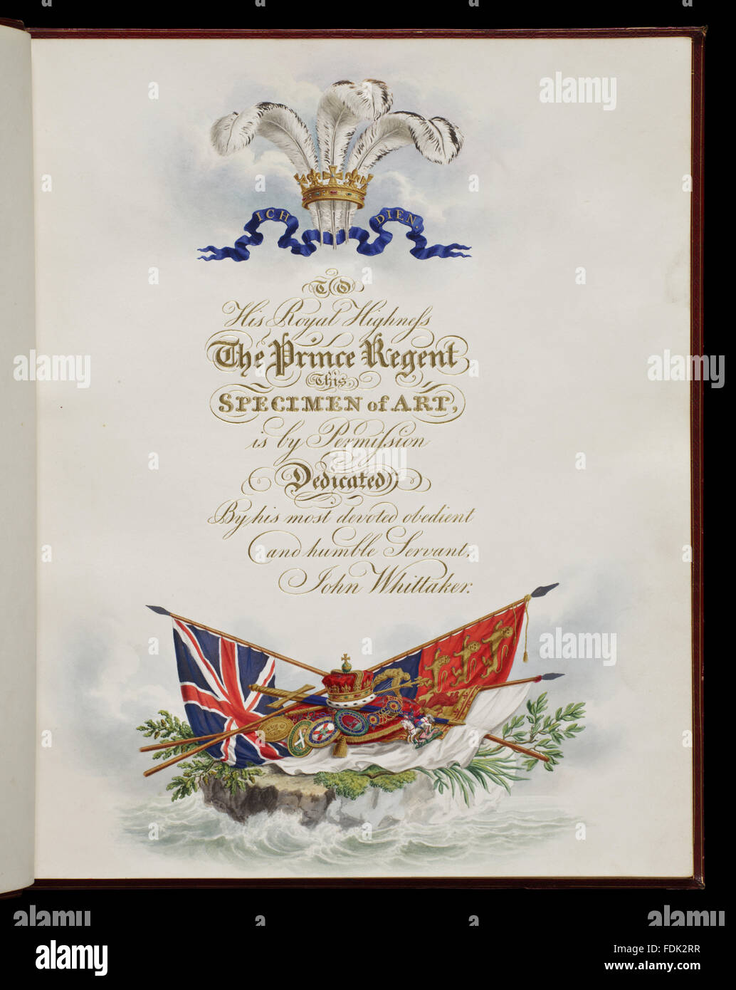 La dedizione al principe reggente nella Magna Charta Regis Johannis (Londra: J. Whitaker, 1816), ha acquistato da Charles Sawyer, il primo libro stampato in oro, parte delle collezioni della biblioteca a Anglesey Abbey, Cambridgeshire. 13.J.2 Foto Stock