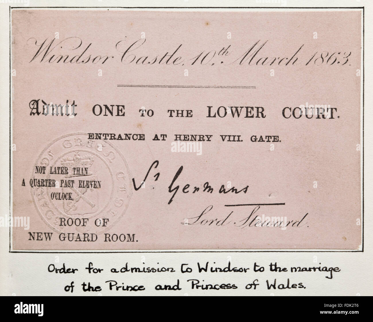 Ordine di ammissione a Windsor per il matrimonio del principe e della Principessa di Galles il 10 marzo 1863, parte delle collezioni della biblioteca a Anglesey Abbey, Cambridgeshire. Foto Stock