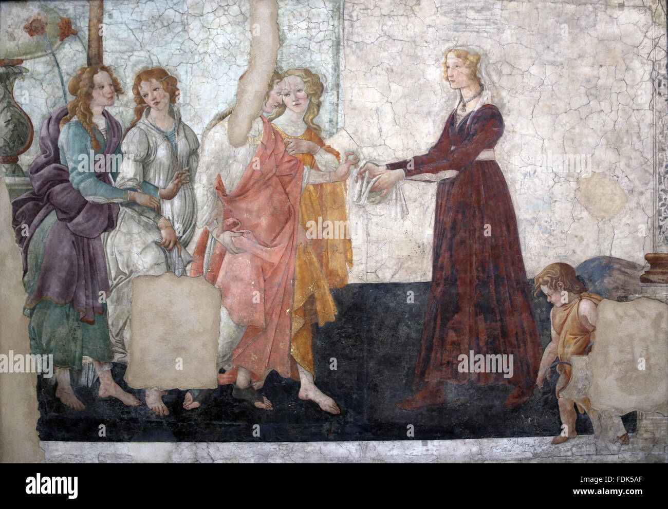 Venere e le Tre Grazie offrono doni ad una giovane donna. Affresco.1483-85. Da Sandro Botticelli (1445-1510). Primo Rinascimento. Foto Stock