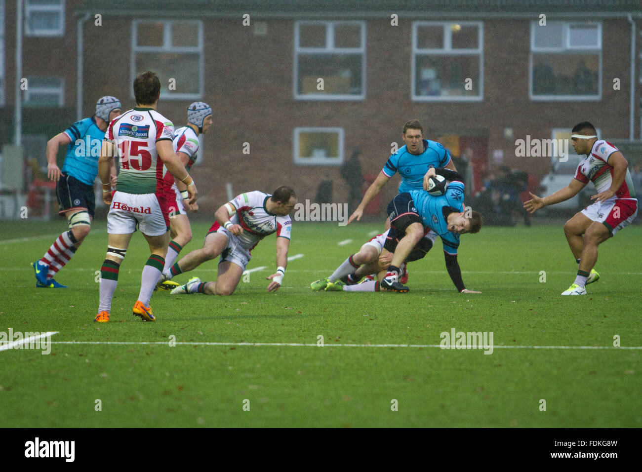 Azione dalla Lega Nazionale 1 corrispondenza tra Rosslyn Park FC e la Plymouth Albion. Punteggio finale 24-26 Foto Stock